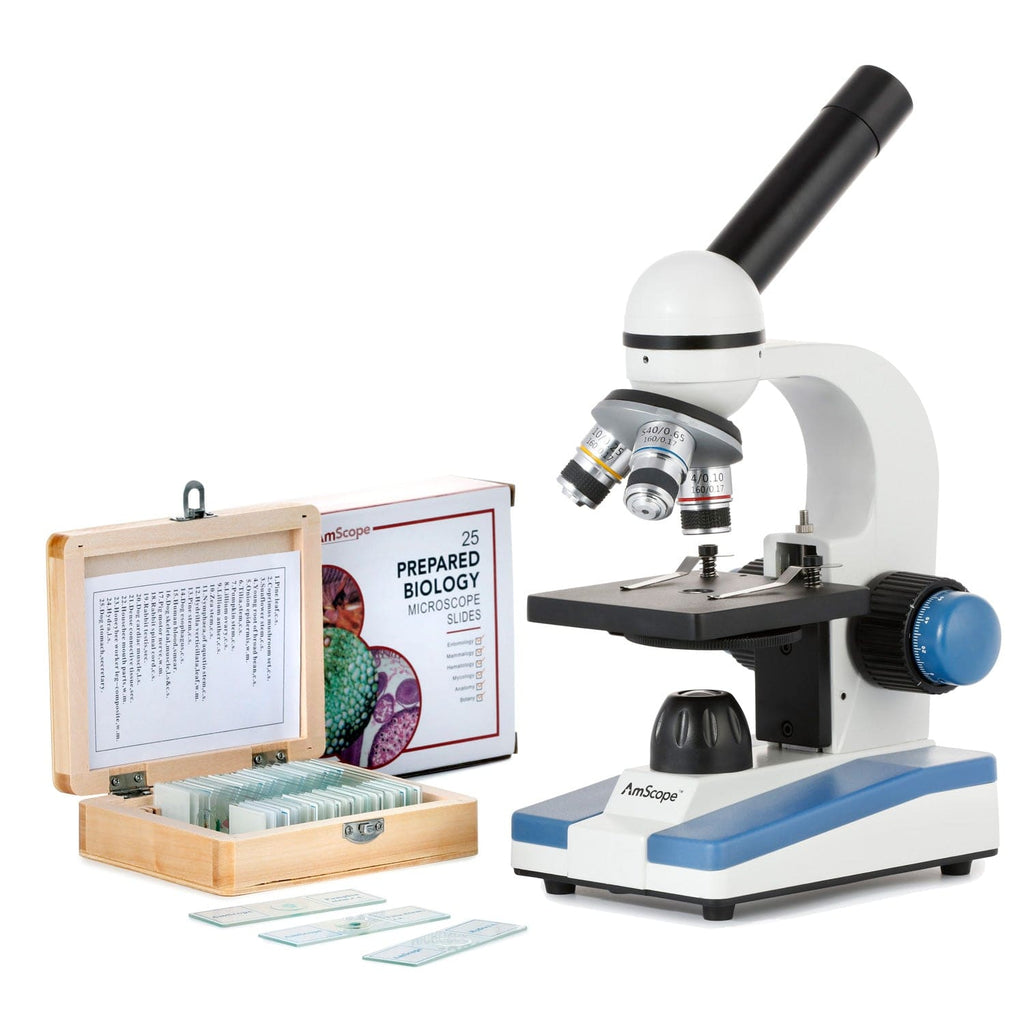 AmScope M150 Series Portable Student Monocular Compound Microscope 40X-1000X Magnification with LED and 25 Prepared Slides