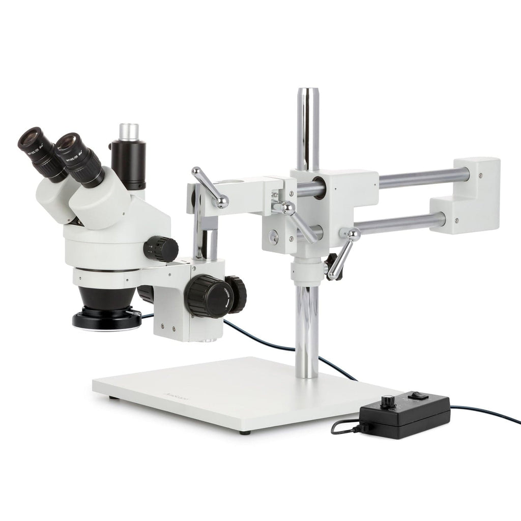 AmScope SM-4T Series Trinocular Simul-Focal Zoom Stereo Microscope w/144  LED Ring Light and Optional Digital Camera on Double Arm Boom Stand