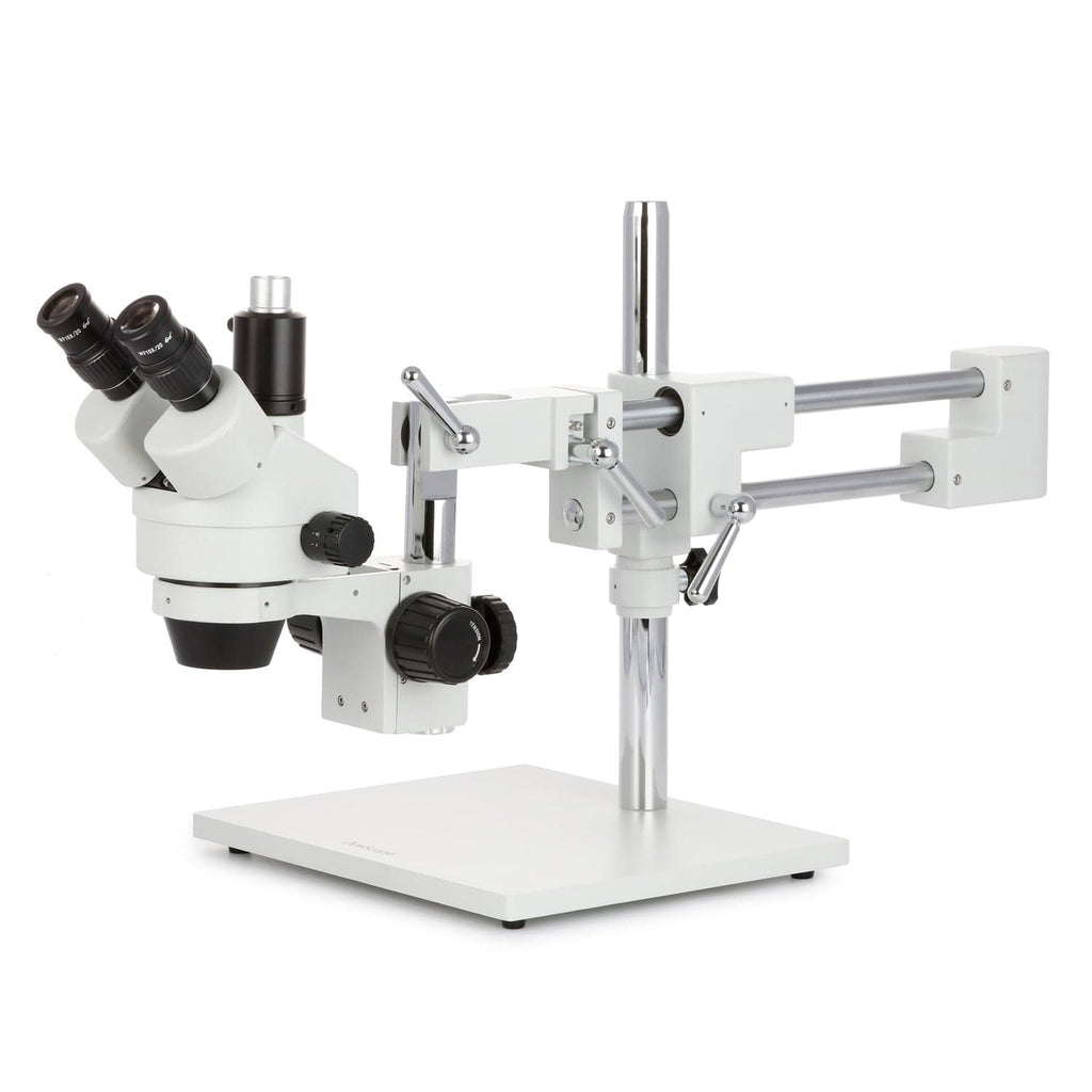 AmScope SM-4 Series Simul-Focal Zoom Trinocular Stereo Microscope with Auto  Focus Camera on Double Arm Boom Stand