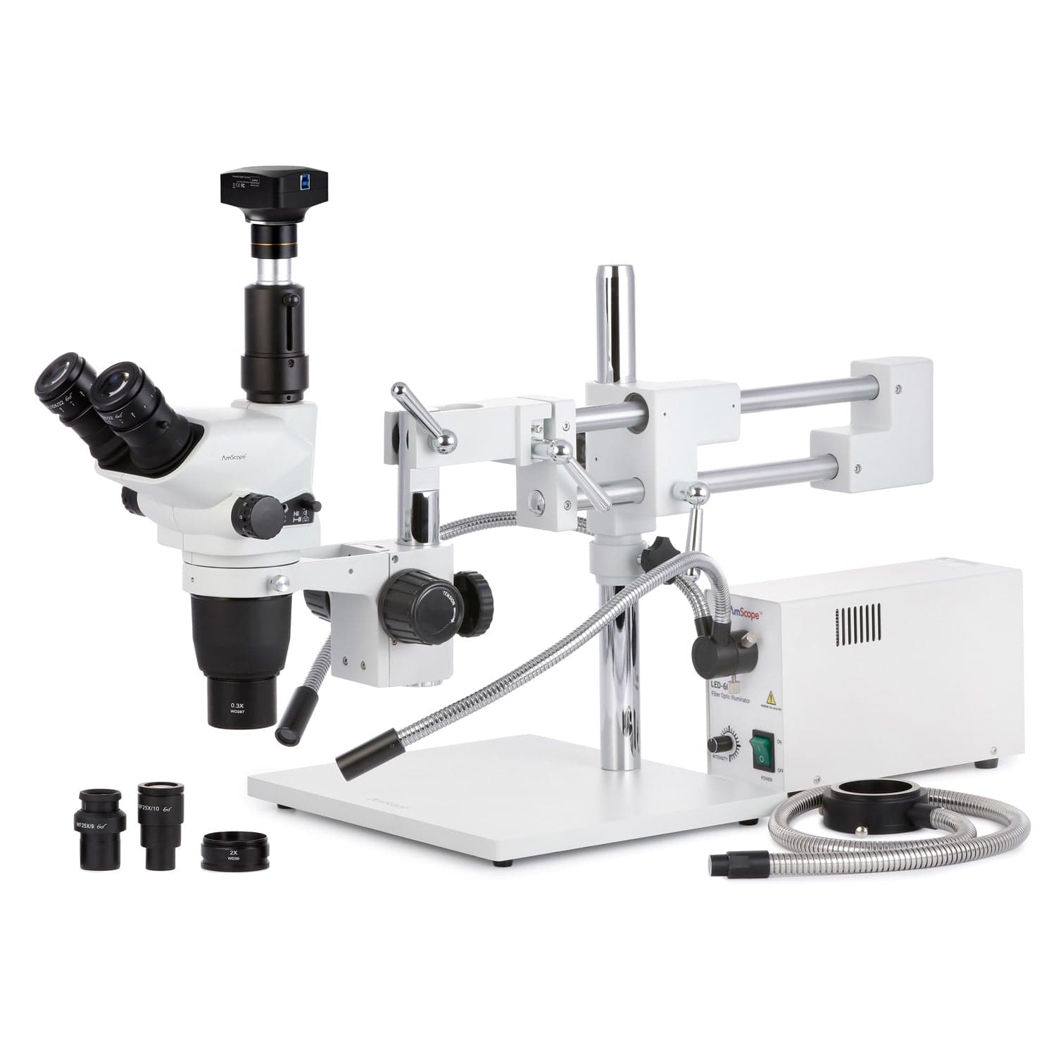 AmScope SZN-4 Series Zoom Trinocular Stereo Microscope 2X-225X on Boom