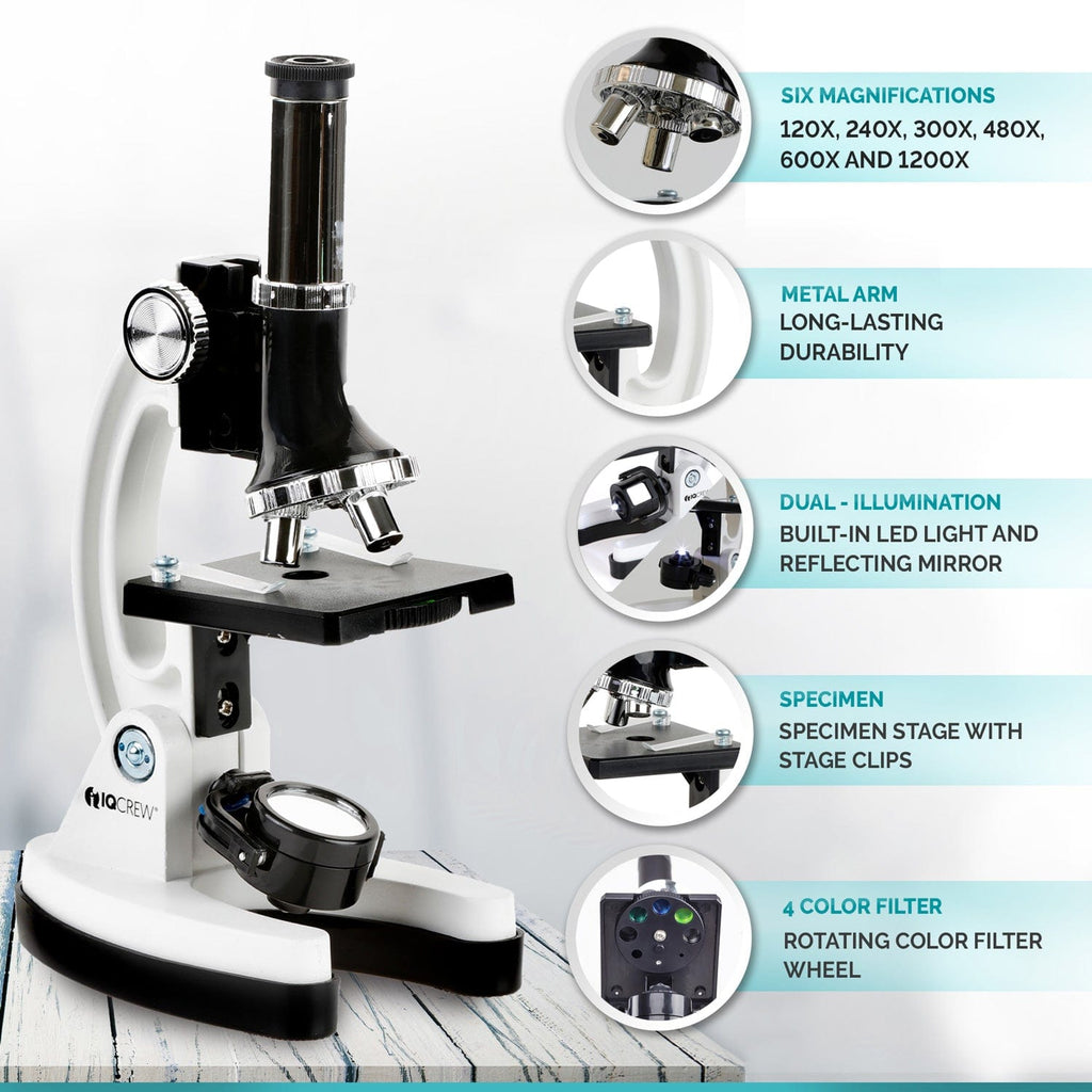 IQCrew By AmScope M30 Series 52-pcs STEM Microscope Kit for Kids 120X-1200X  Magnification with Metal Body, Plastic Slides, LED Light and Storage Box