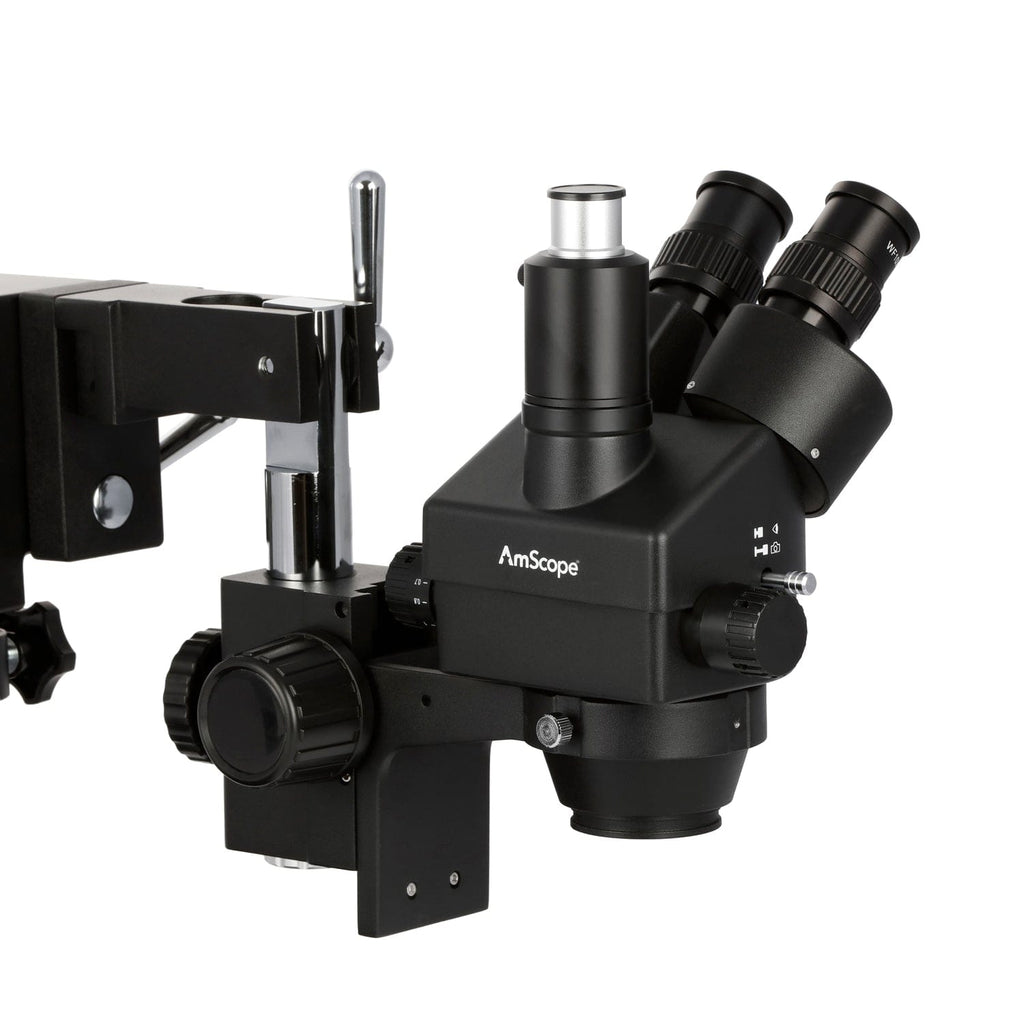 AmScope SM-4T Series Trinocular Zoom Stereo Microscope 3.5X-180X  Magnification on Black Double Arm Boom Stand