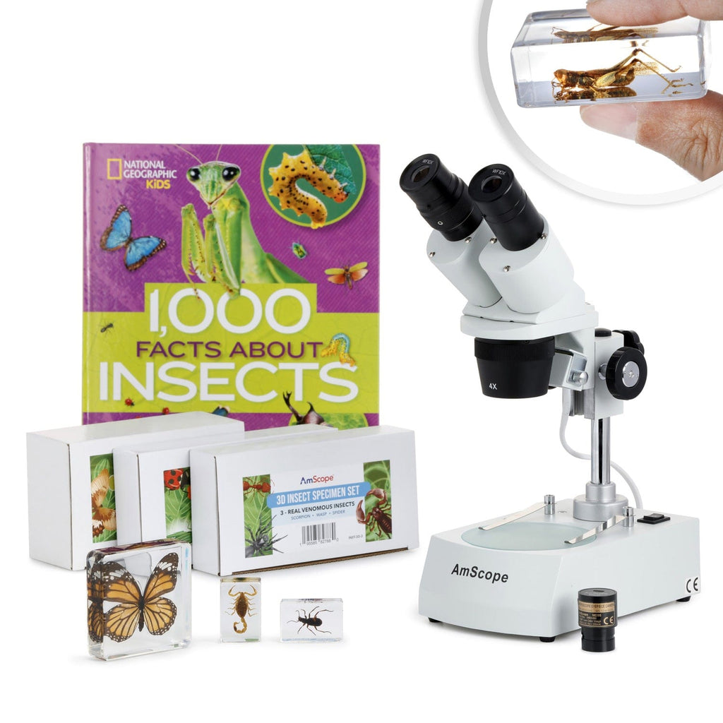 AmScope SE306 Series Student Stereo Microscope 20X-40X Magnification with  Premium 9pc 3D Insect Specimen Kit, Nat Geo Insect Book and Optional  Digital 