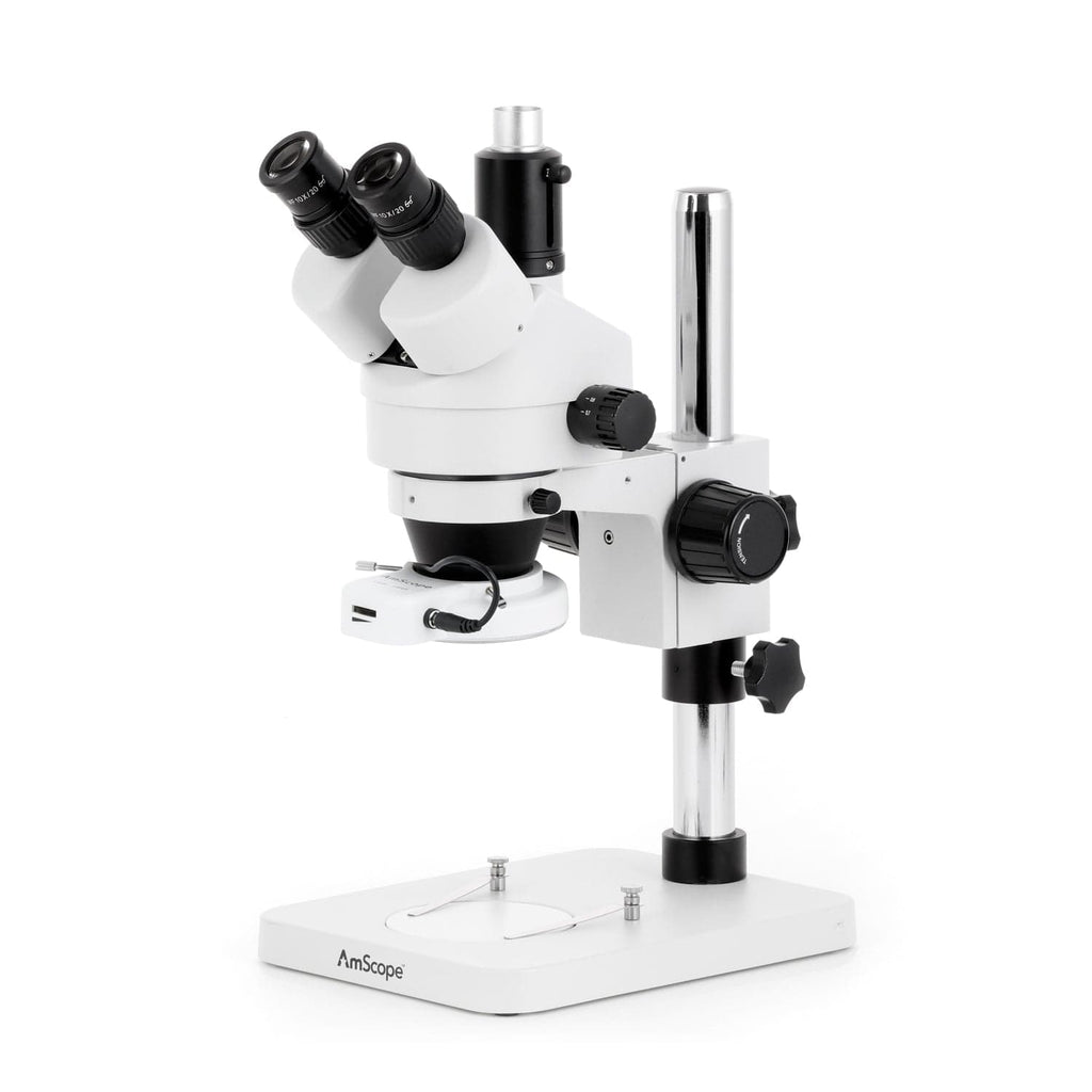 AmScope SM-1T Series Trinocular Zoom Stereo Microscope with 144 LED Compact  Ring Light and Optional Digital Camera on Pillar Stand
