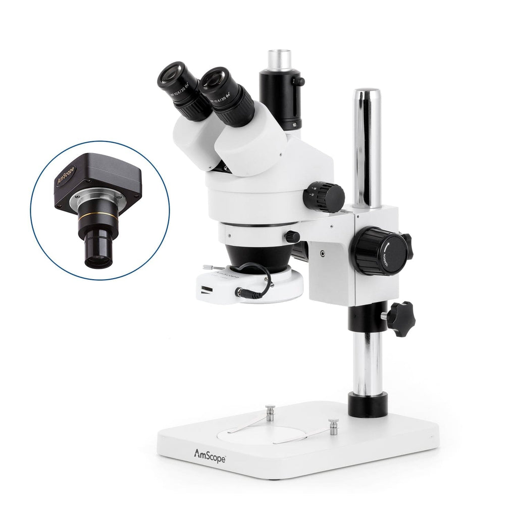 AmScope SM-1T Series Trinocular Zoom Stereo Microscope with 144 LED Compact  Ring Light and Optional Digital Camera on Pillar Stand