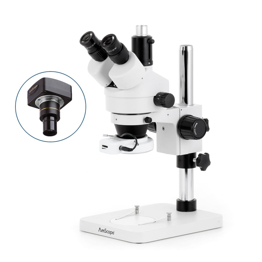 Trinocular Stereo Zoom Microscope w/144 LED Compact Ring Light and Optional  Digital Camera on Pillar Stand