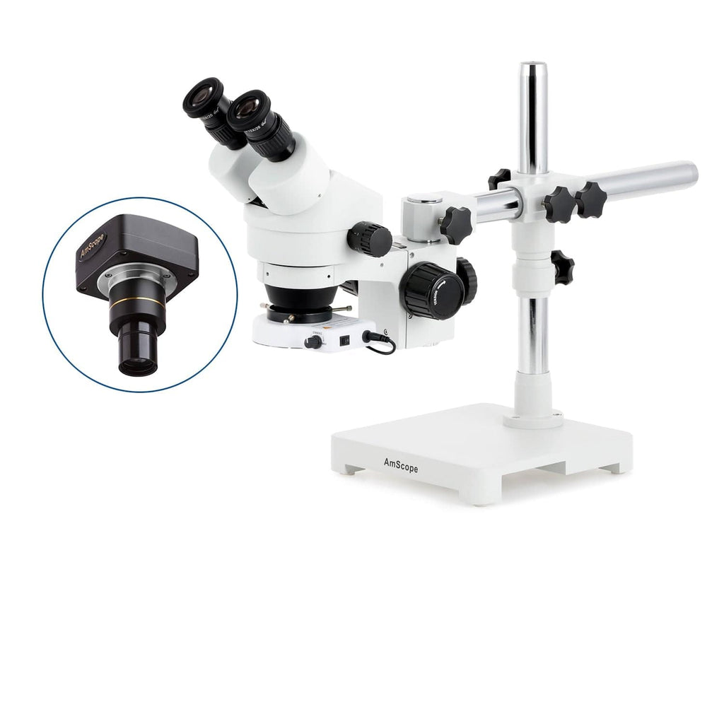 Binocular Stereo Zoom Microscope w/80 LED Compact Ring Light and Optional  Digital Camera on Single Arm Boom Stand