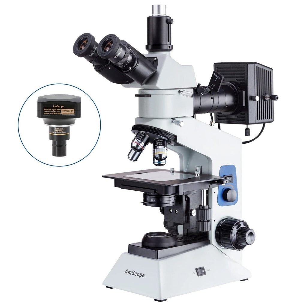 AmScope ME580 Series Compact Trinocular Metallurgical Compound Microscope  Dual Illumination Polarized Light w/Optional Digital Camera