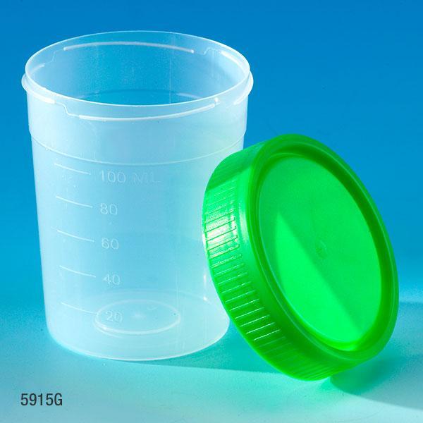 Globe Scientific Specimen Container, 4oz, with 1/4-Turn Green Screwcap and Tri-Lingual ID Label, Sterile, PP, Individually Wrapped, Graduated