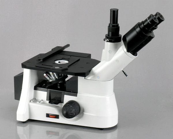 AmScope ME1400TC-5MT Digital Inverted Trinocular Metallurgical Microscope, 40X-1000X Magnification, WF10x and WF25x Eyepieces, WF10x Eyepiece with Reticle, Kohler Condenser, 30W Halogen Illumination with Rheostat, Double-Layer Mechanical Stage, 85-230V, Includes 5MP Camera with Reduction Lens and Software