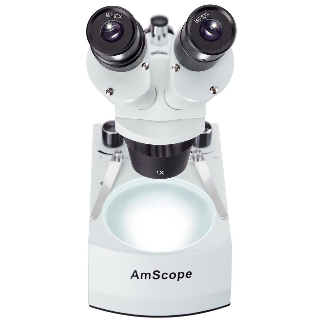 AmScope SE305 Series Compact Multi-Lens Stereo Microscope with Angled Head  10X-30X Magnification With Metal Pillar Stand, Top & Bottom LED Lighting