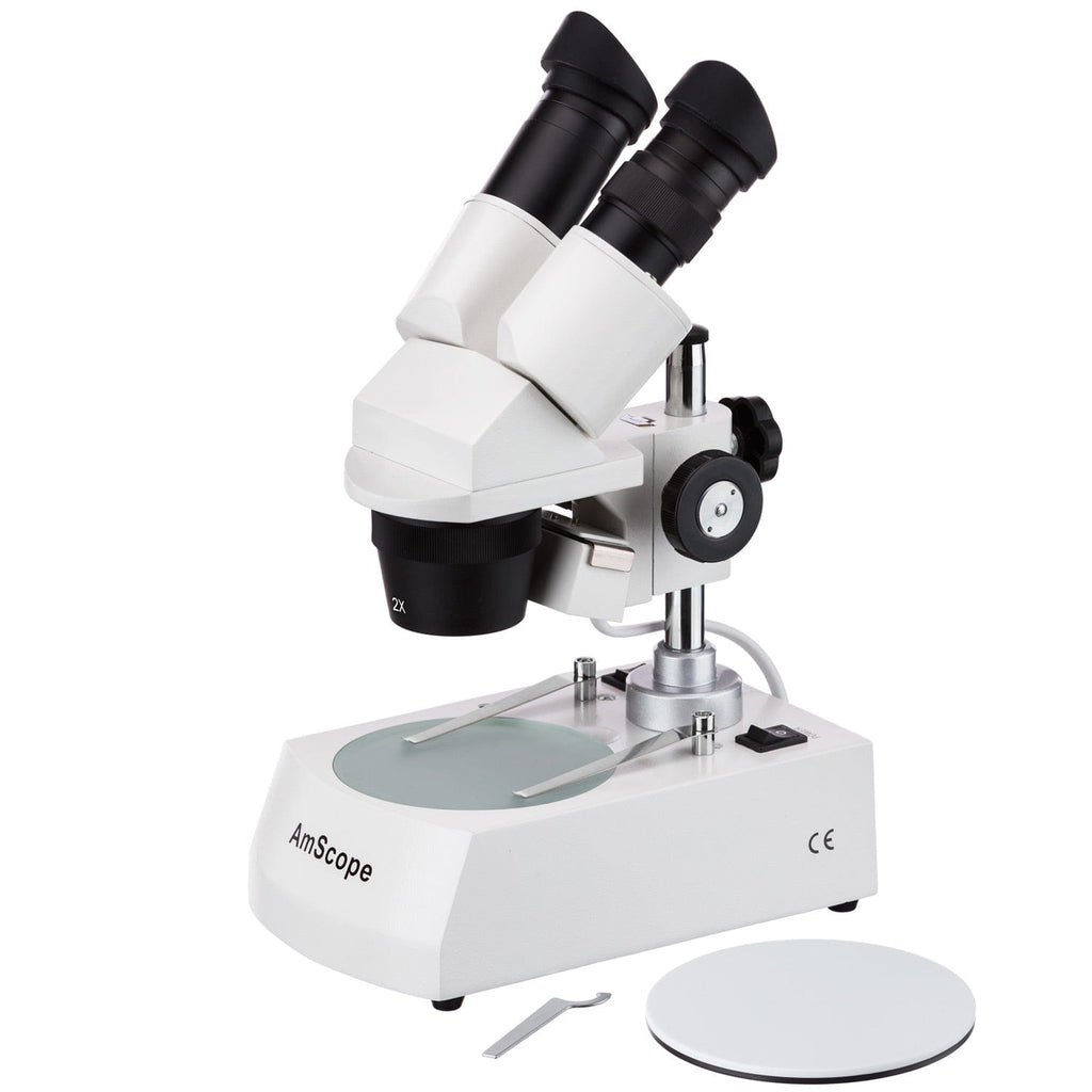 AmScope SE306 Series Compact Multi-Lens Binocular Stereo Microscope 20X-80X  Magnification with Reverse Angled Head, Metal Pillar Stand, Top & Bottom