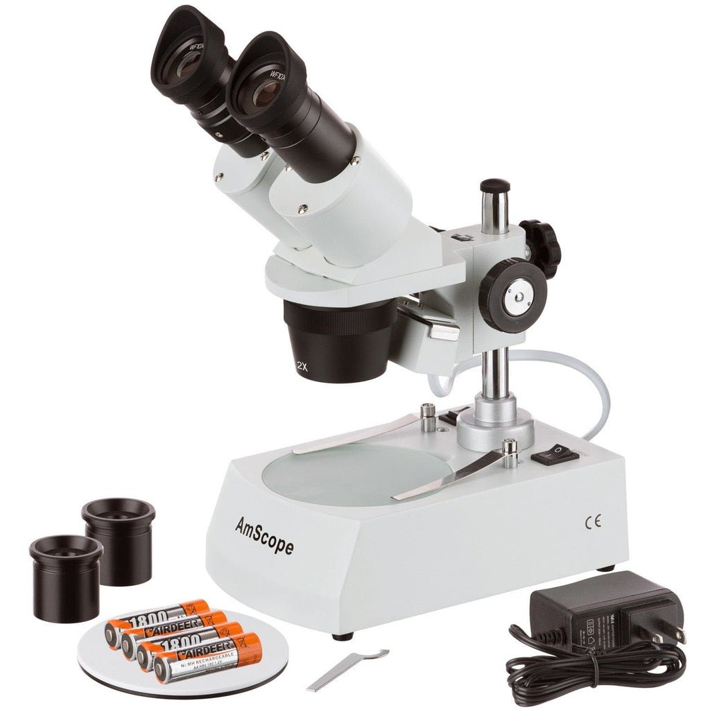 AmScope SE306 Series Compact Multi-Lens Stereo Microscope with Angled Head  20X-80X Magnification Metal Pillar Stand, Top & Bottom LED Lighting