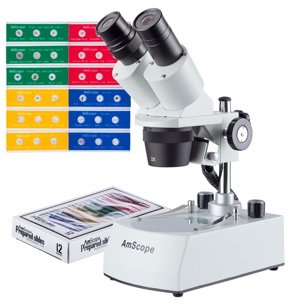 AmScope SE306 Series Compact Multi-Lens Binocular Stereo Microscope 20X-40X  Magnification with Angled Head, Metal Pillar Stand, Top & Bottom LED 