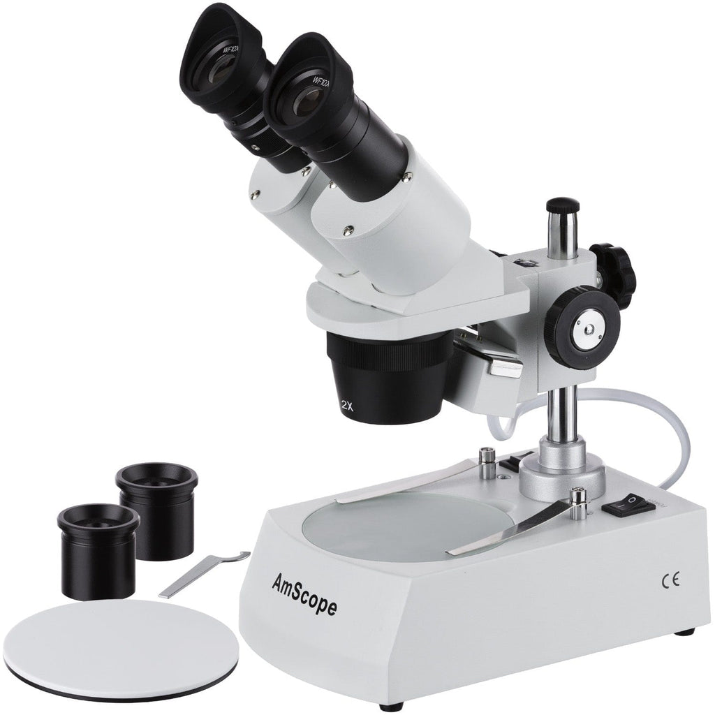 AmScope SE306 Series Compact Multi-Lens Stereo Microscope 20X-80X  Magnification with Angled Head, Metal Pillar Stand, Top & Bottom Halogen  Lighting