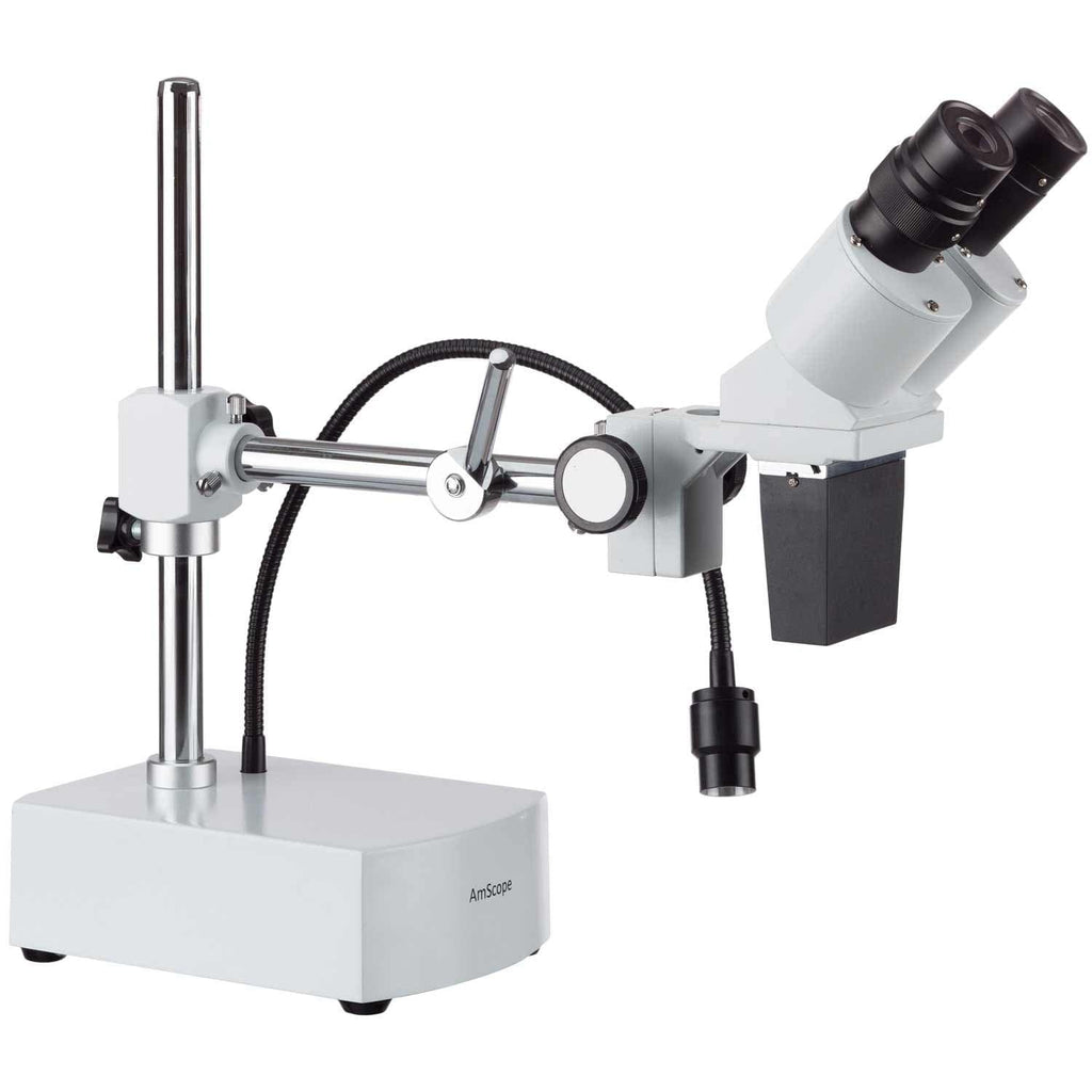 AmScope SE400 Series Compact Fixed-Lens Boom-Arm Stereo Microscope 10X-20X  Magnification with Gooseneck LED Light