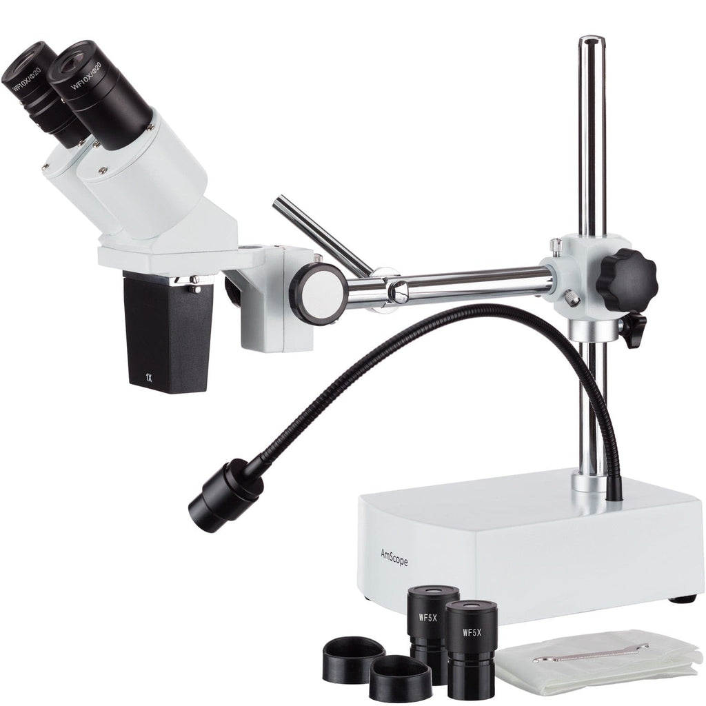 5X-10X Compact Fixed-Lens Stereo Boom-Arm Microscope with Gooseneck LED  Light