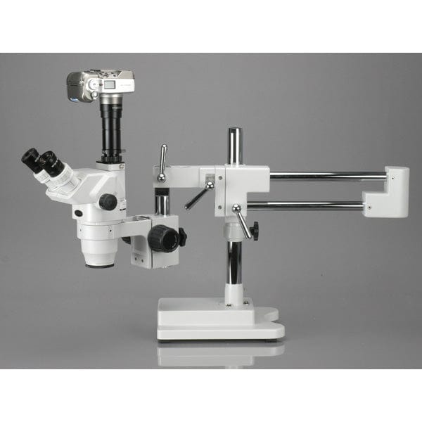 AVEN - DSZ-44 BINOCULAR MICROSCOPE 10X TO 44X MOUNTED ON DOUBLE ARM BOOM  STAND WITH CLAMP AND E-ARM FOCUS MOUNT WITH INTEGRATED RING LIGHT