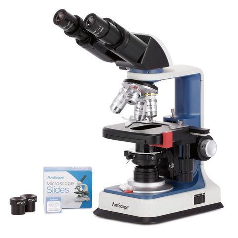 40X-2500X USB-C Rechargeable Student Binocular Compound Microscope w/3D Two-Layer Mechanical Stage, Achromatic Objectives, LED illuminator, 50pc Blank Slides & 100pc Cover Slips