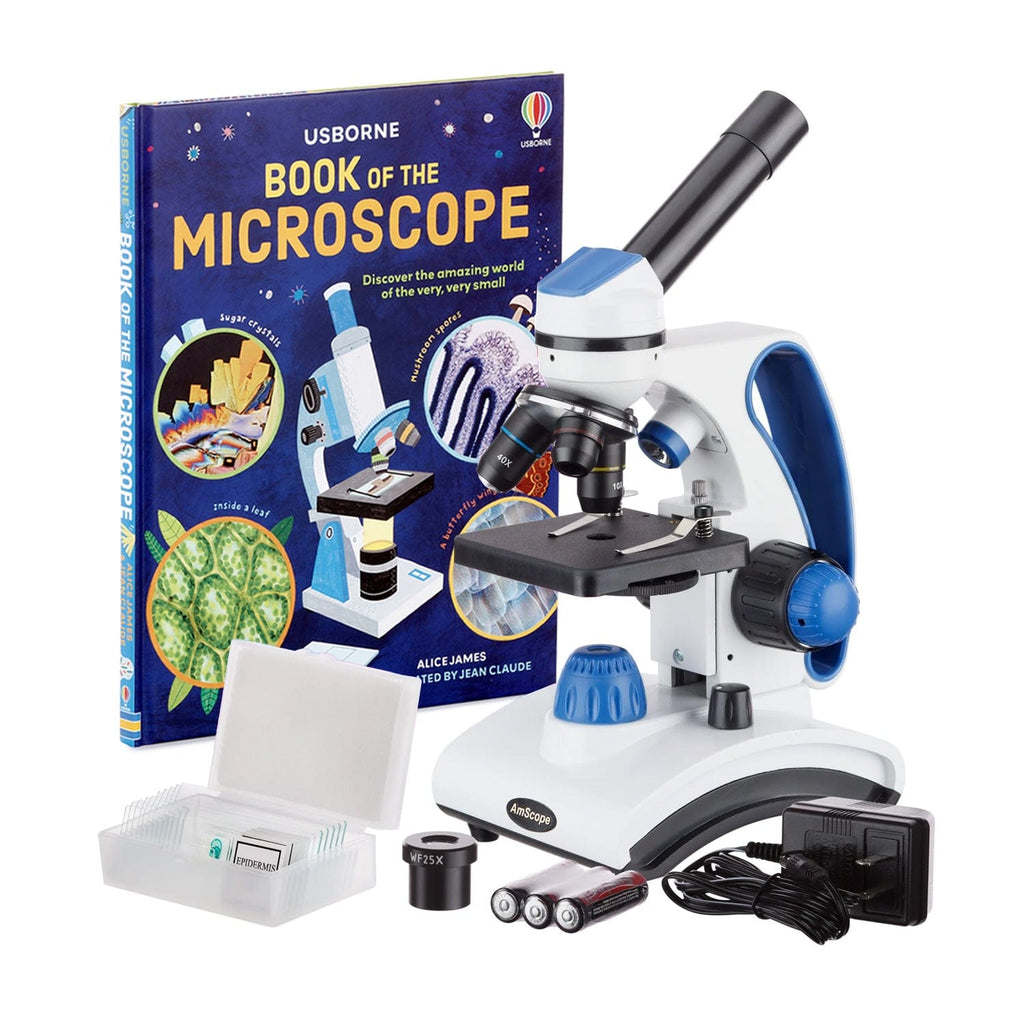 AmScope M162 Series Best Students and Kids Portable Compound Microscope Kit 40X-1000X Magnification Portable Dual Light All Metal with Slides and Microscope Book