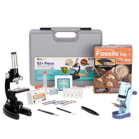 AMSCOPE-KIDS Holiday Special - Black Metal Arm Starter Kids Student Microscope Kit with Fossil Dig Activity Kit and Insect Slides