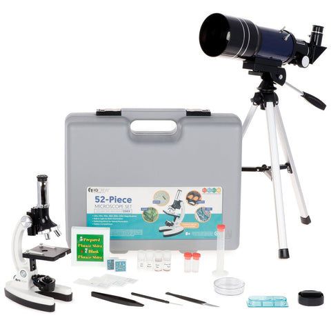 AMSCOPE-KIDS Holiday Special - White Metal Arm Starter Kids Student Microscope Kit and Compact Refractor Telescope with Tripod