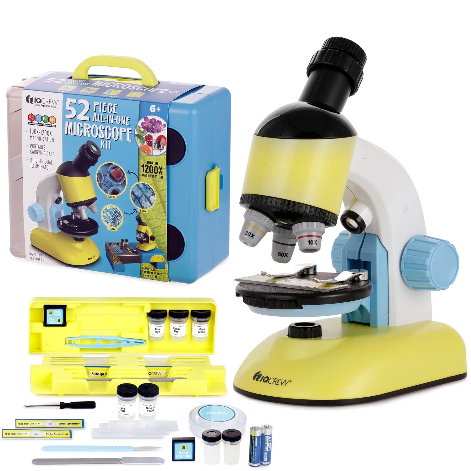 IQCREW by AmScope - 52 Piece All-in-One Kid's Compound Microscope Kit  w/Dual LED Illuminators, Rotating Head, and Accessory Kit + Optional  Educational 