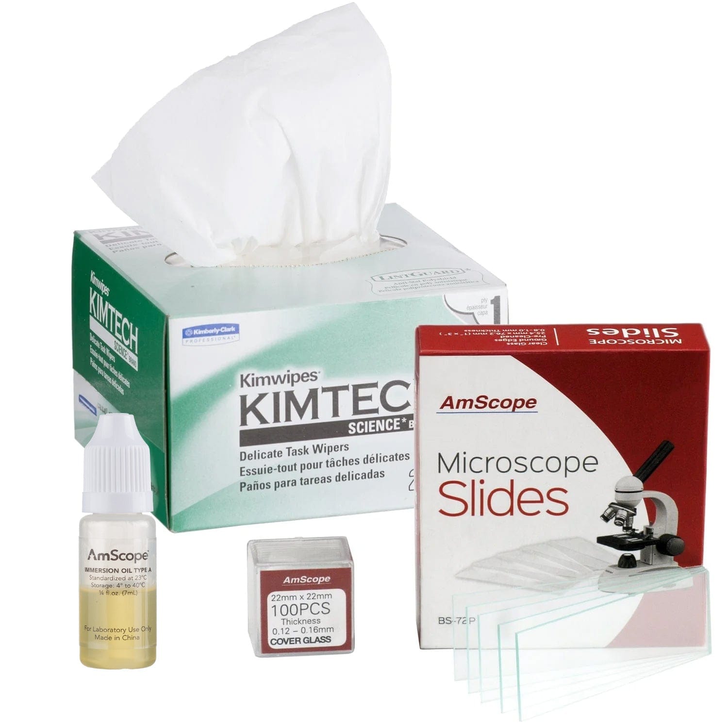 AmScope Microscope Immersion Oil 1/4 Oz Type A with Kimwipes, 72 Slides & 100 Coverslips