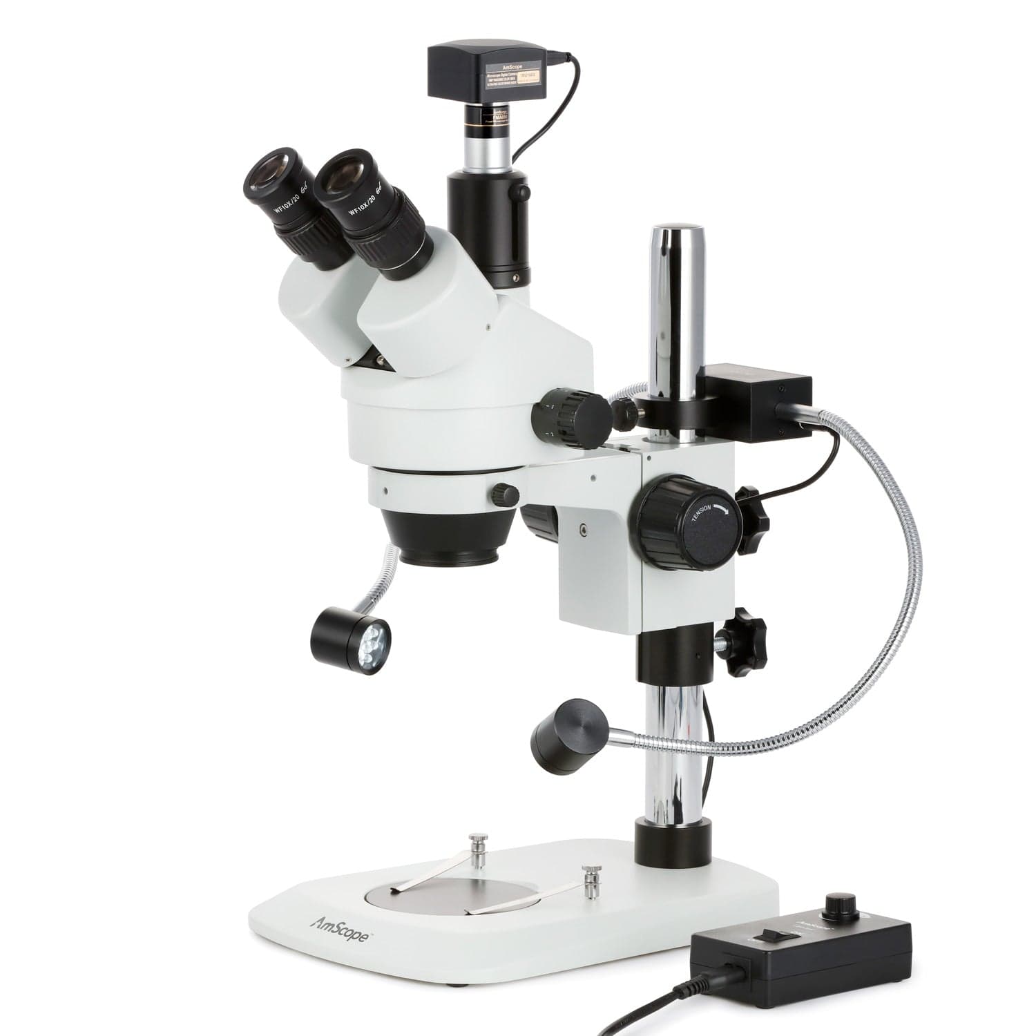 AmScope SM-1 Series Industrial Inspection Zoom Trinocular Stereo Microscope 7X-45X Magnification w/8W LED Dual Gooseneck Illuminator + Optional Digital Camera on Pillar Stand with Small Base