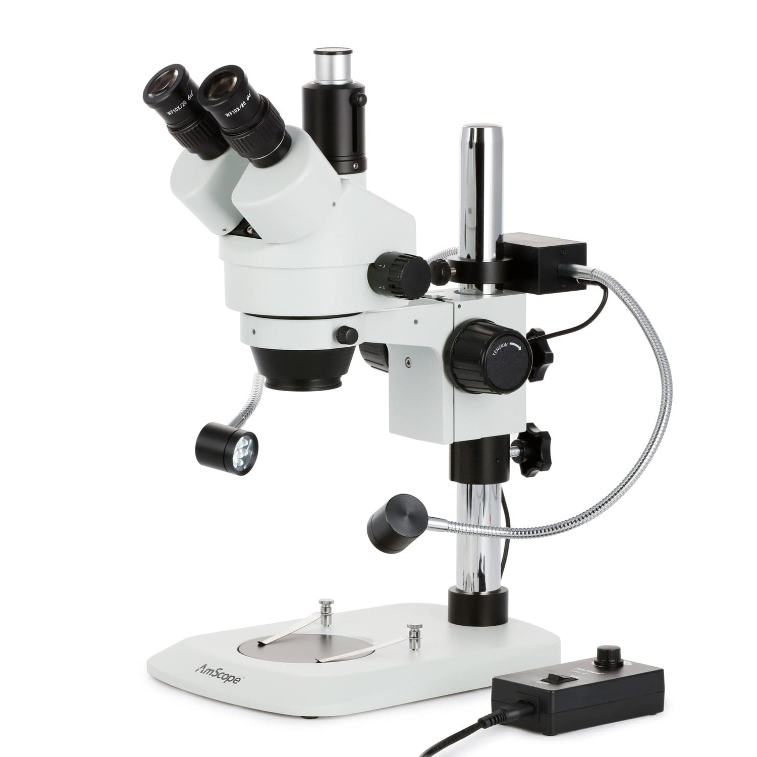 AmScope SM-1 Series Industrial Inspection Zoom Trinocular Stereo Microscope 7X-45X Magnification w/8W LED Dual Gooseneck Illuminator + Optional Digital Camera on Pillar Stand with Small Base