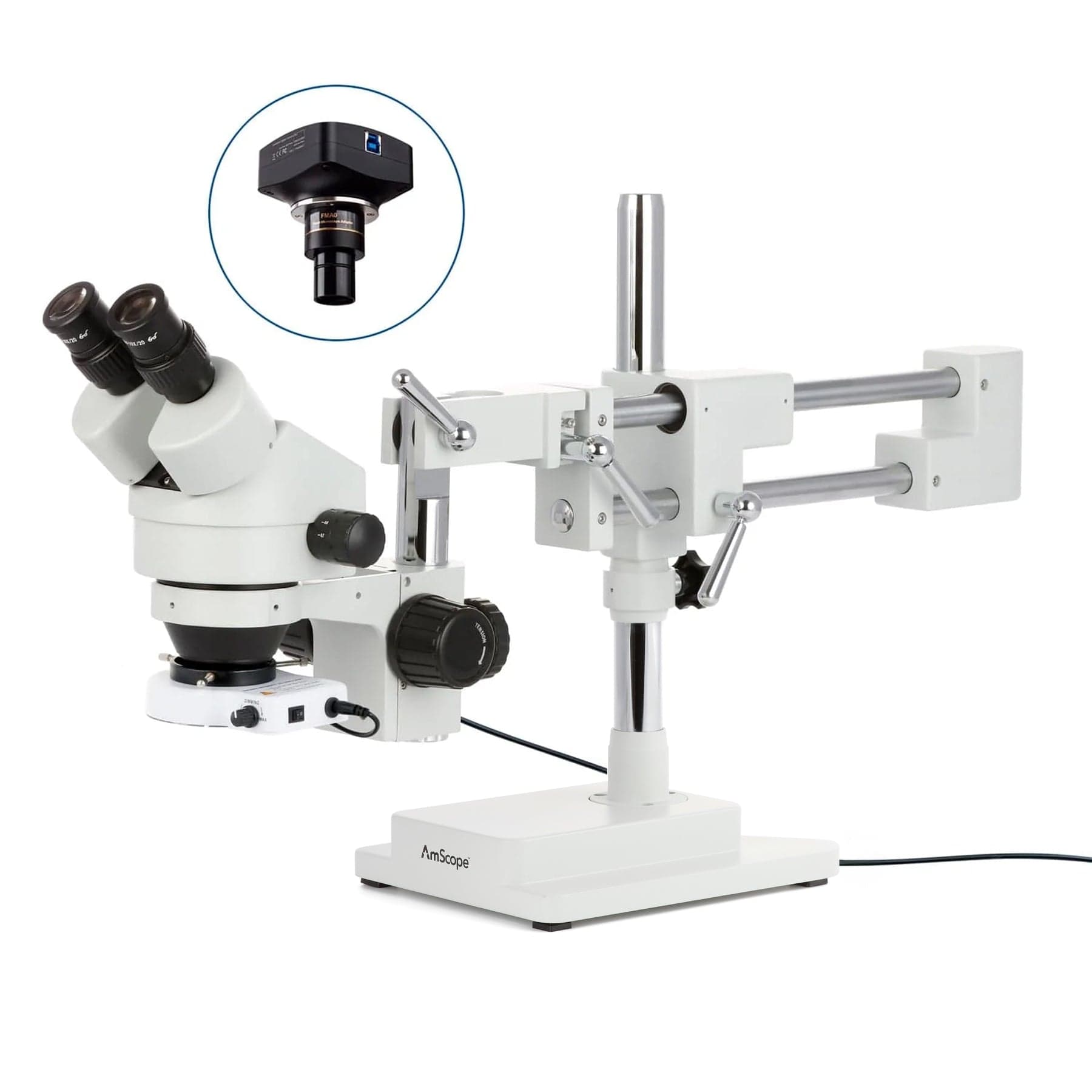 AmScope SM-4B Series Binocular Zoom Stereo Microscope w/80 LED Compact Ring Light and Optional Digital Camera on Double Arm Boom Stand