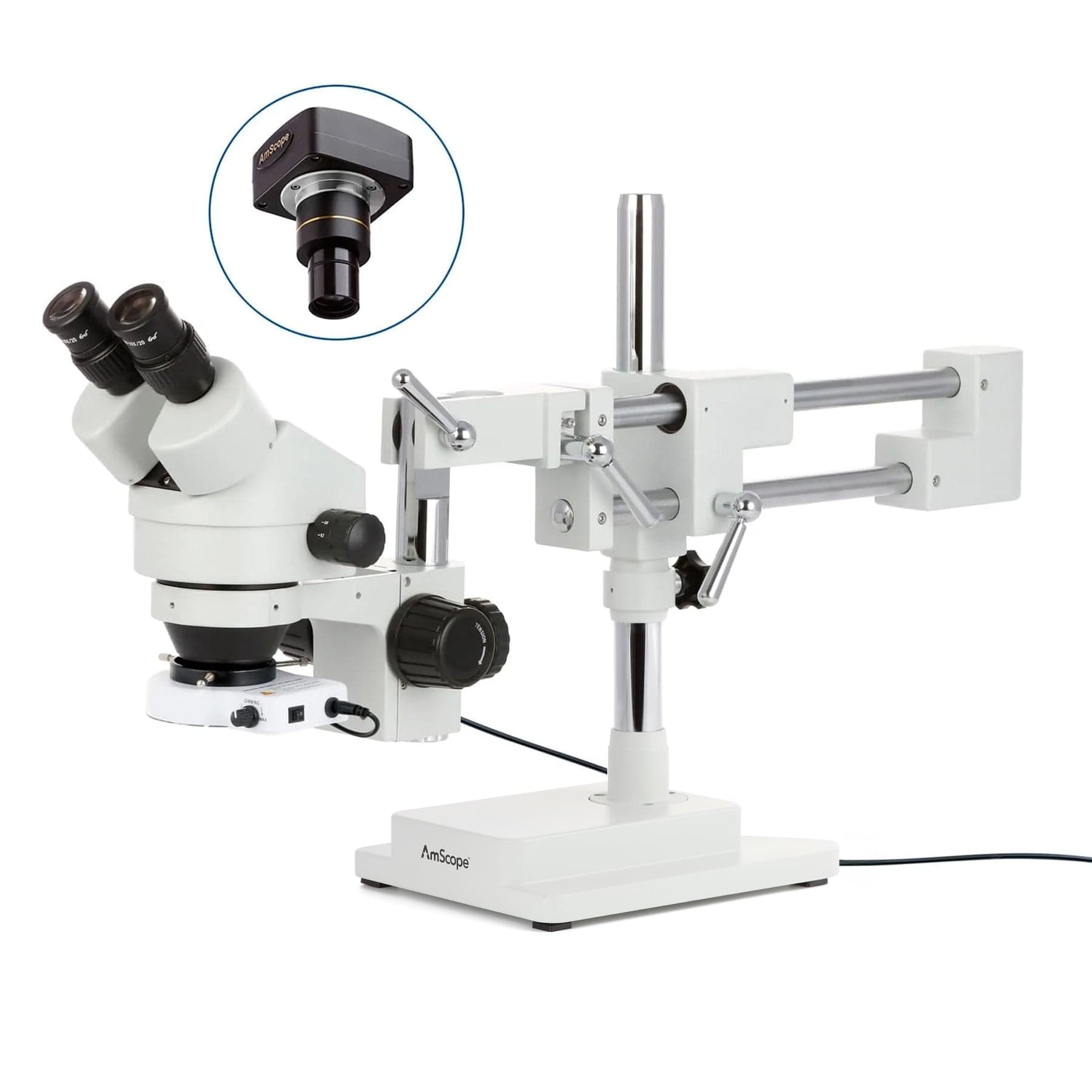 AmScope SM-4B Series Binocular Zoom Stereo Microscope w/80 LED Compact Ring Light and Optional Digital Camera on Double Arm Boom Stand