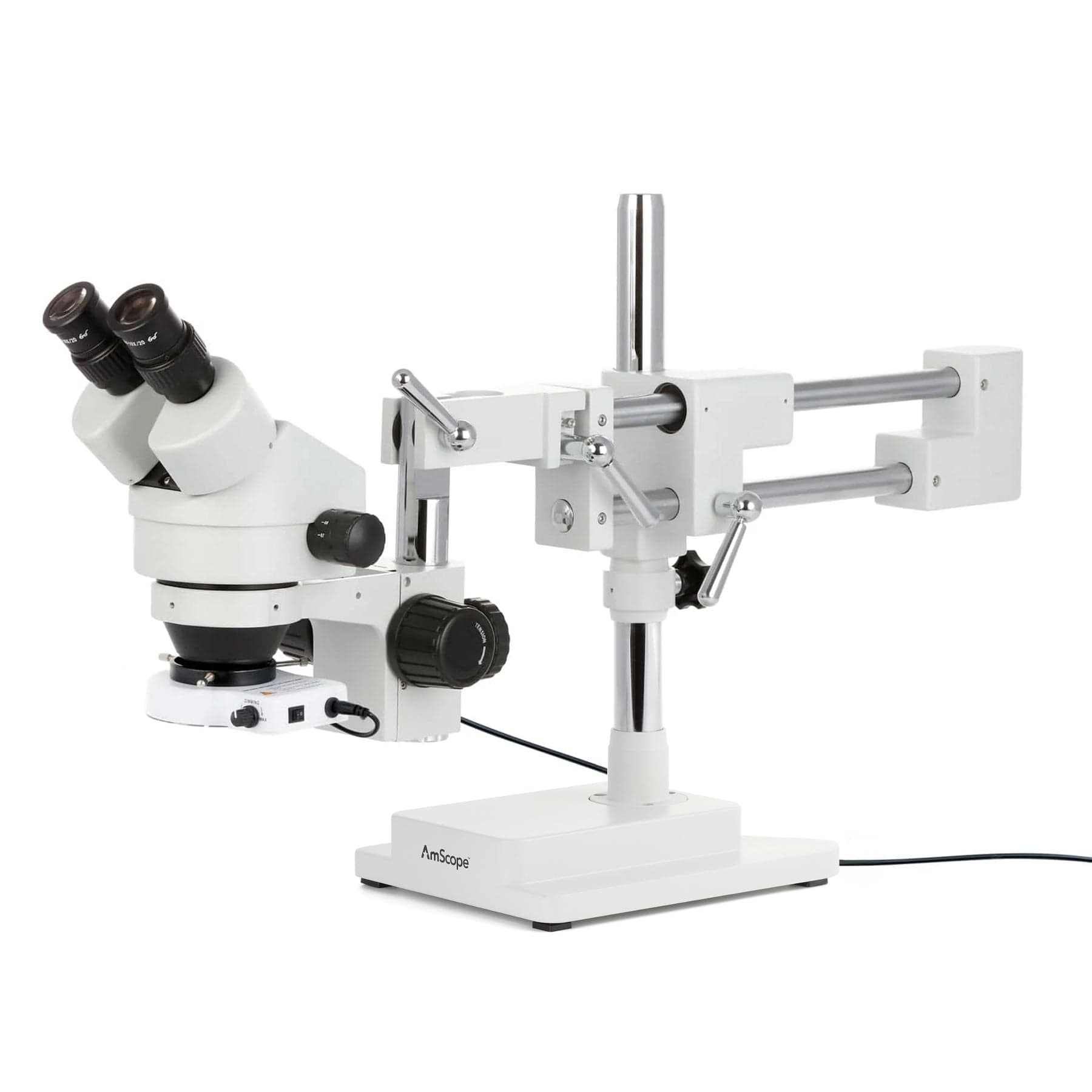 AmScope SM-4B Series Binocular Zoom Stereo Microscope w/80 LED Compact Ring Light and Optional Digital Camera on Double Arm Boom Stand