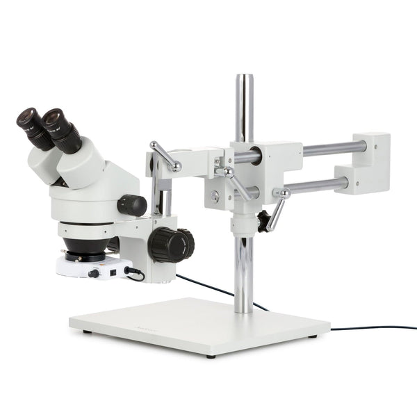 Binocular Stereo Zoom Microscope w/80 LED Compact Ring Light and Optional  Digital Camera on Double Arm Boom Stand