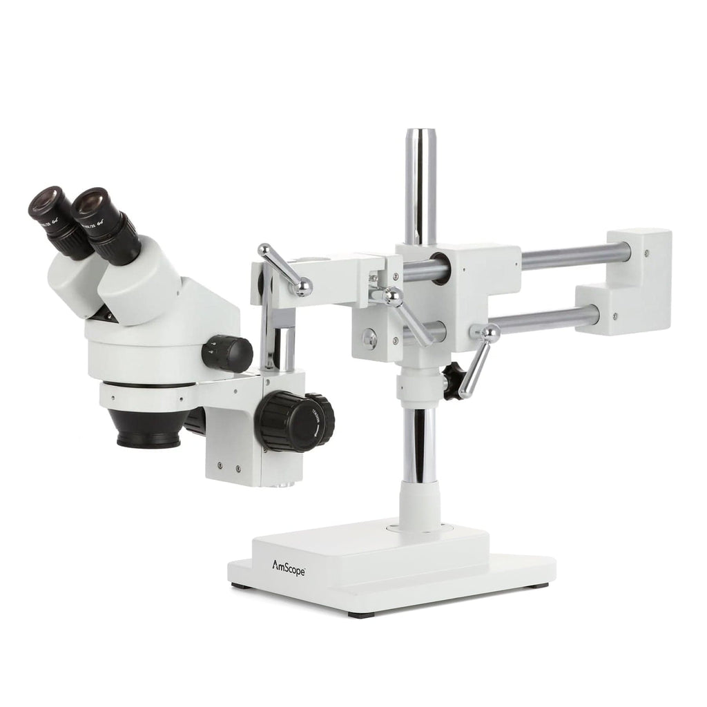 AmScope SM-4B Series Binocular Zoom Stereo Microscope with Optional Digital Camera on Double Arm Boom Stand