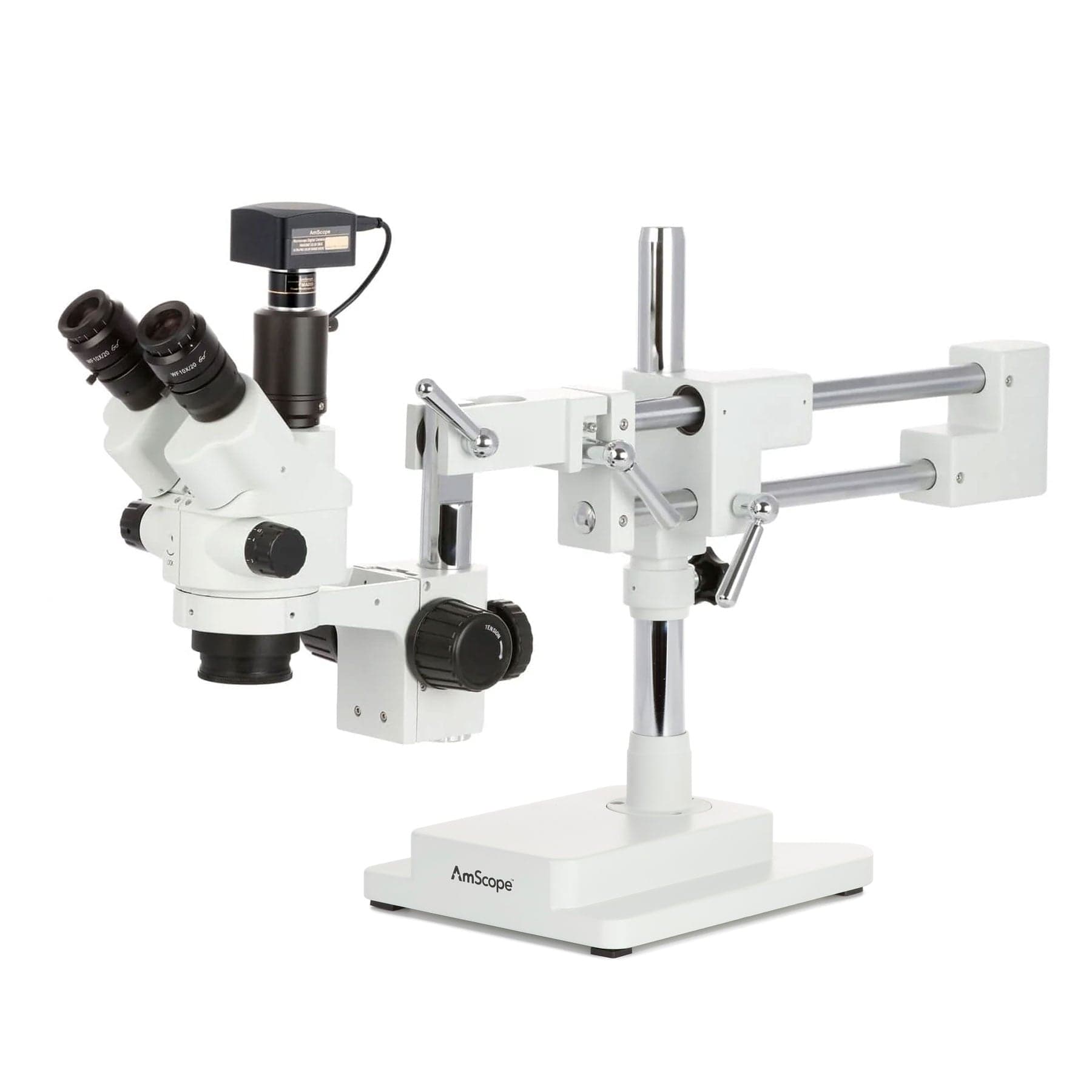 AmScope SM-4T Series Simul-Focal Lockable Trinocular Zoom Stereo Microscope with Optional Digital Camera on Double Arm Boom Stand