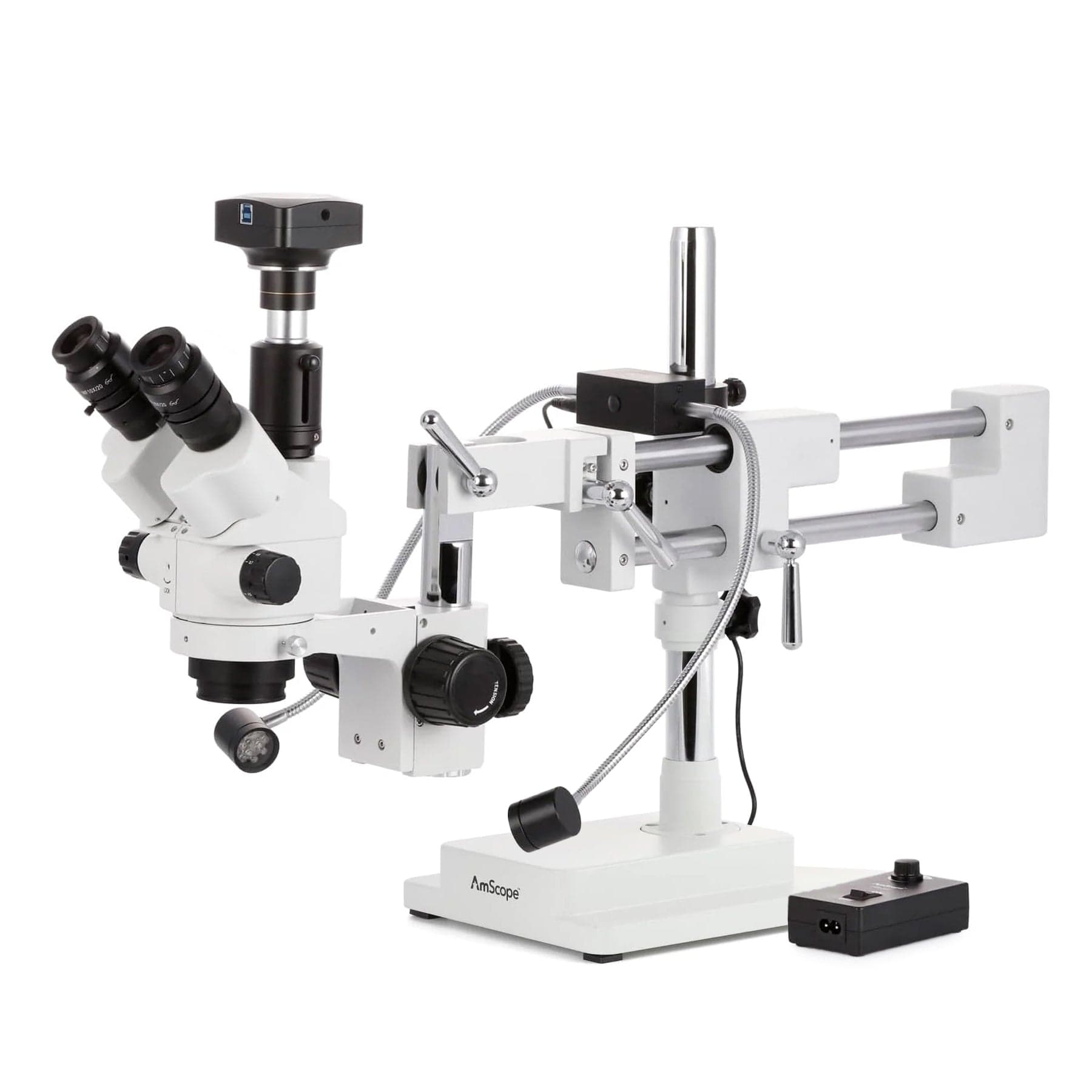 AmScope SM-4NT Series Trinocular Simul-Focal Lockable Zoom Stereo Microscope 7X-45X w/8W LED Dual Gooseneck Illuminator and Optional Digital Camera on Double Arm Boom Stand