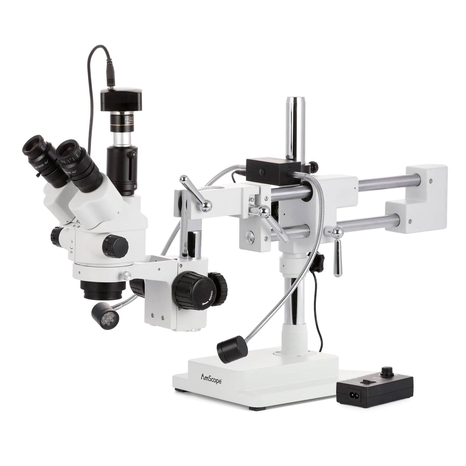 AmScope SM-4NT Series Trinocular Simul-Focal Lockable Zoom Stereo Microscope 7X-45X w/8W LED Dual Gooseneck Illuminator and Optional Digital Camera on Double Arm Boom Stand