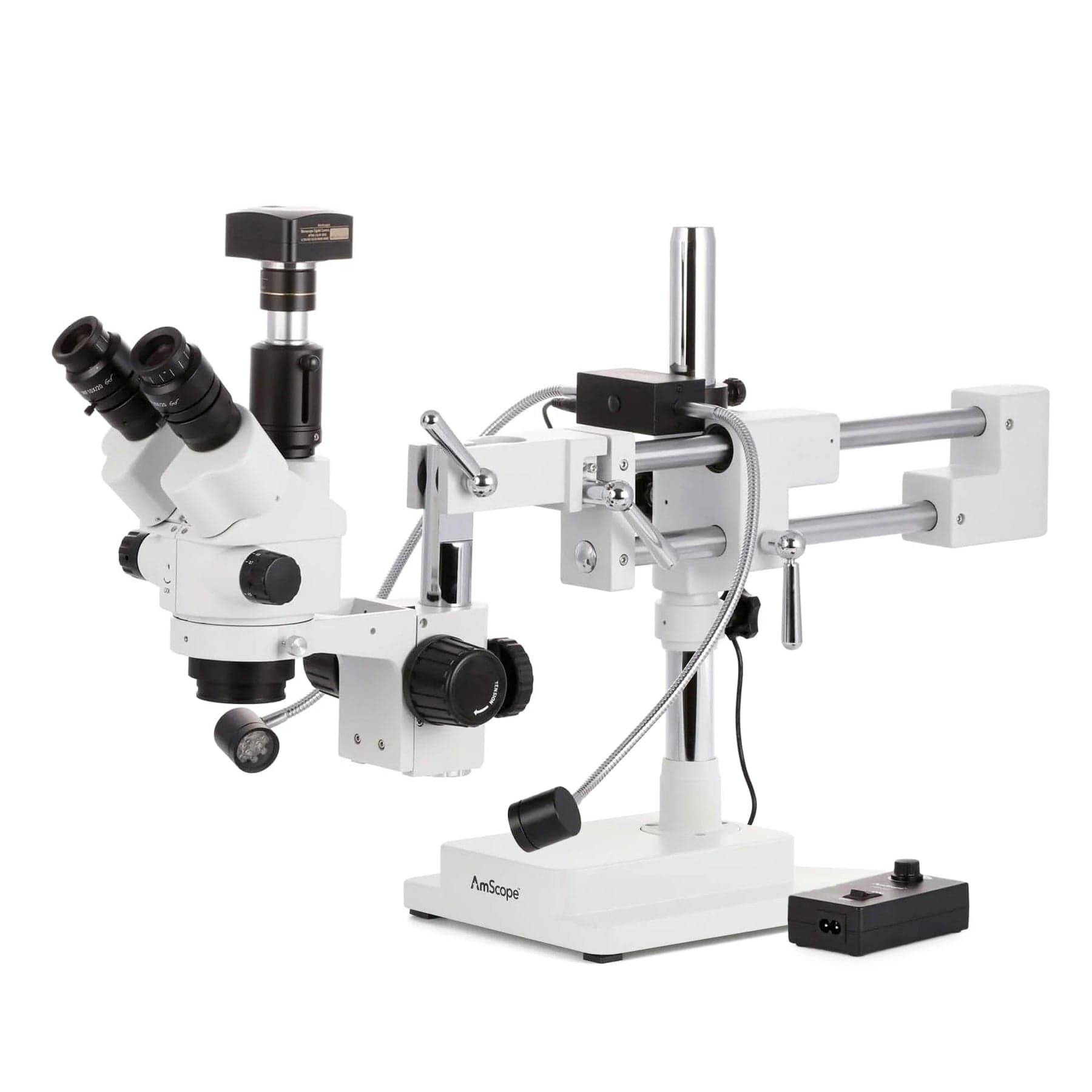 AmScope SM-4NT Series Trinocular Simul-Focal Lockable Zoom Stereo Microscope 7X-45X w/8W LED Dual Gooseneck Illuminator and Optional Digital Camera on Double Arm Boom Stand