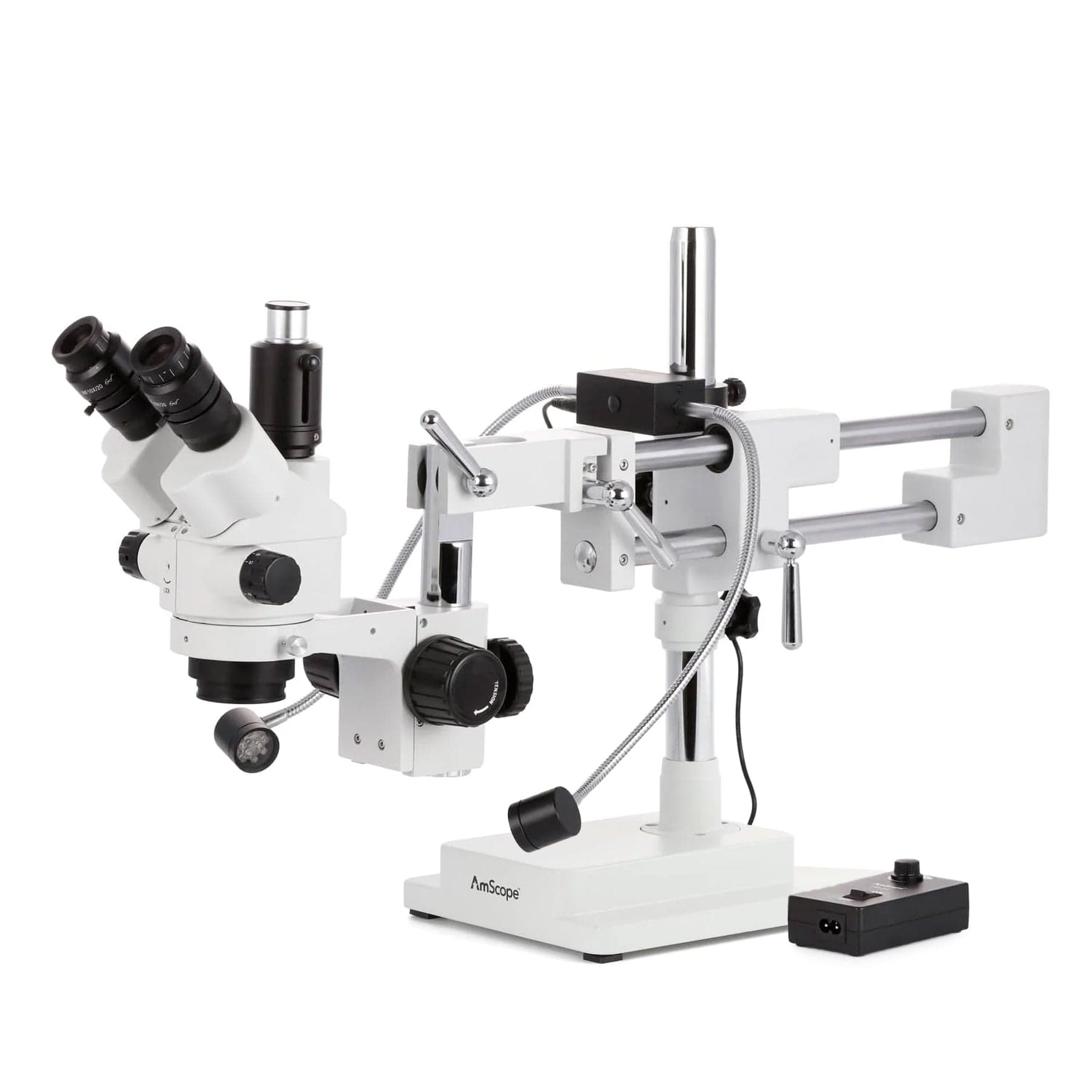 AmScope SM-4NT Series Trinocular Simul-Focal Lockable Zoom Stereo Microscope 7X-45X w/8W LED Dual Gooseneck Illuminator and Optional Digital Camera on Double Arm Boom Stand