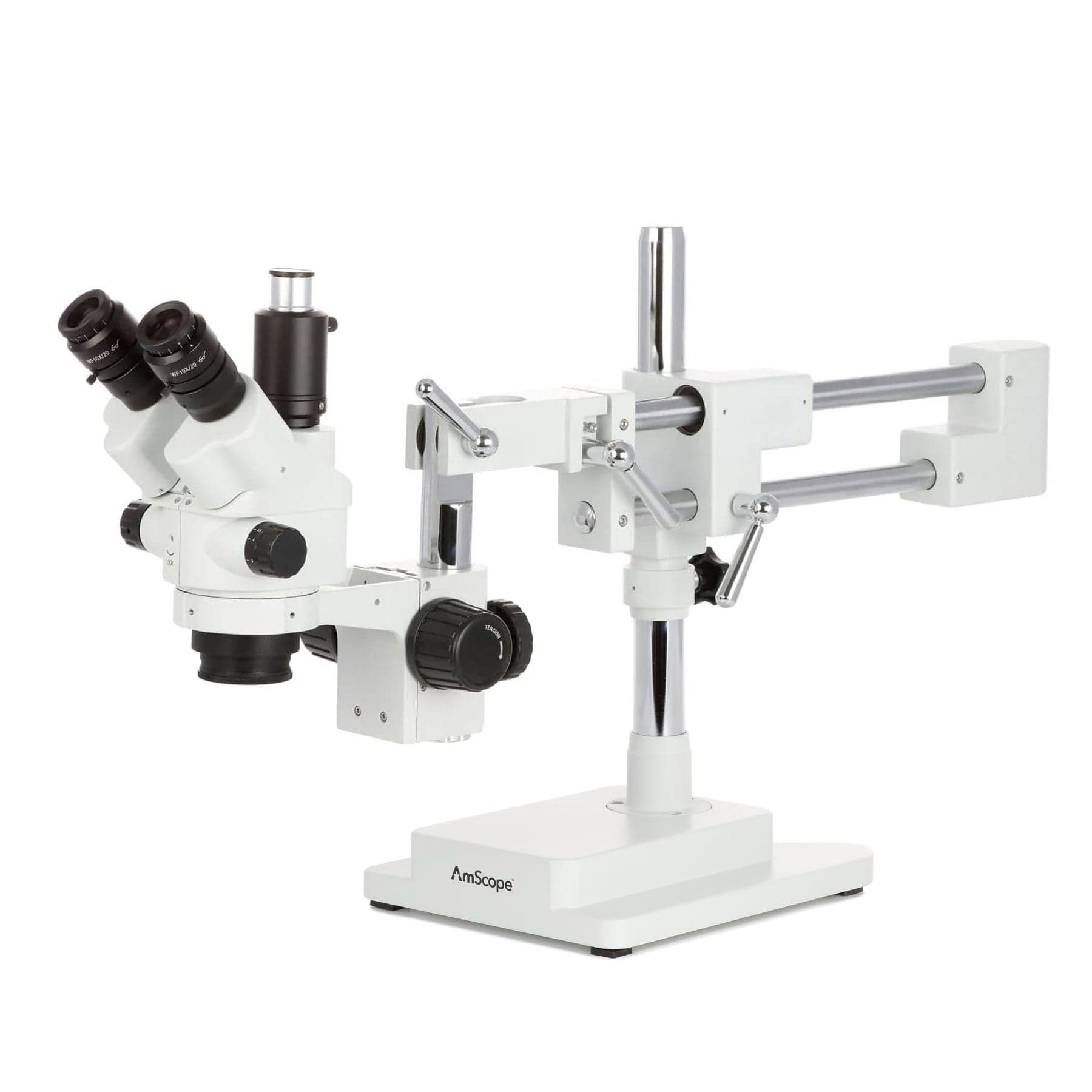AmScope SM-4T Series Simul-Focal Lockable Trinocular Zoom Stereo Microscope with Optional Digital Camera on Double Arm Boom Stand