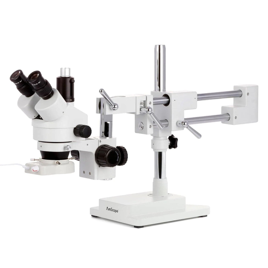 AmScope SM-4T Series Trinocular Zoom Stereo Microscope 7X-45X Magnification on Double Arm Boom Stand with 70-LED Ring Light