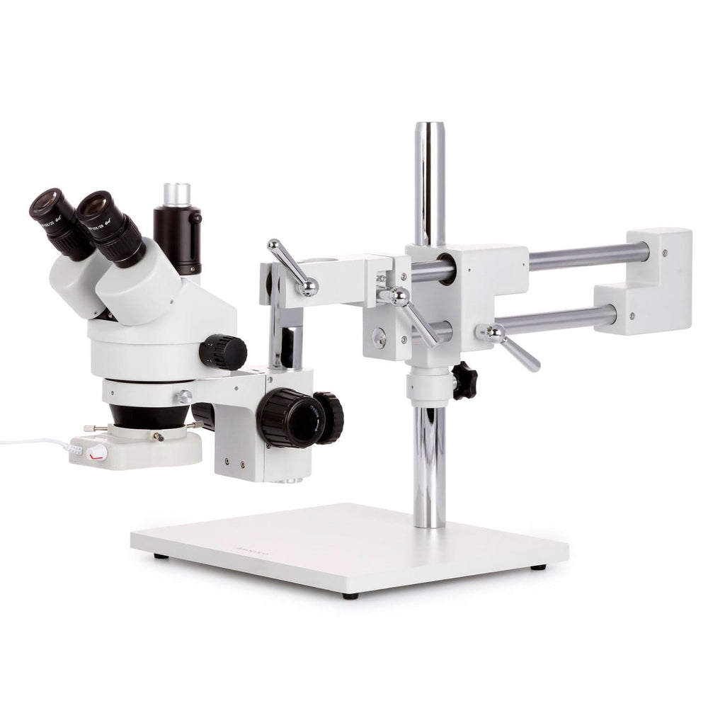 AmScope SM-4T Series Trinocular Zoom Stereo Microscope 7X-45X Magnification on Double Arm Boom Stand with 70-LED Ring Light