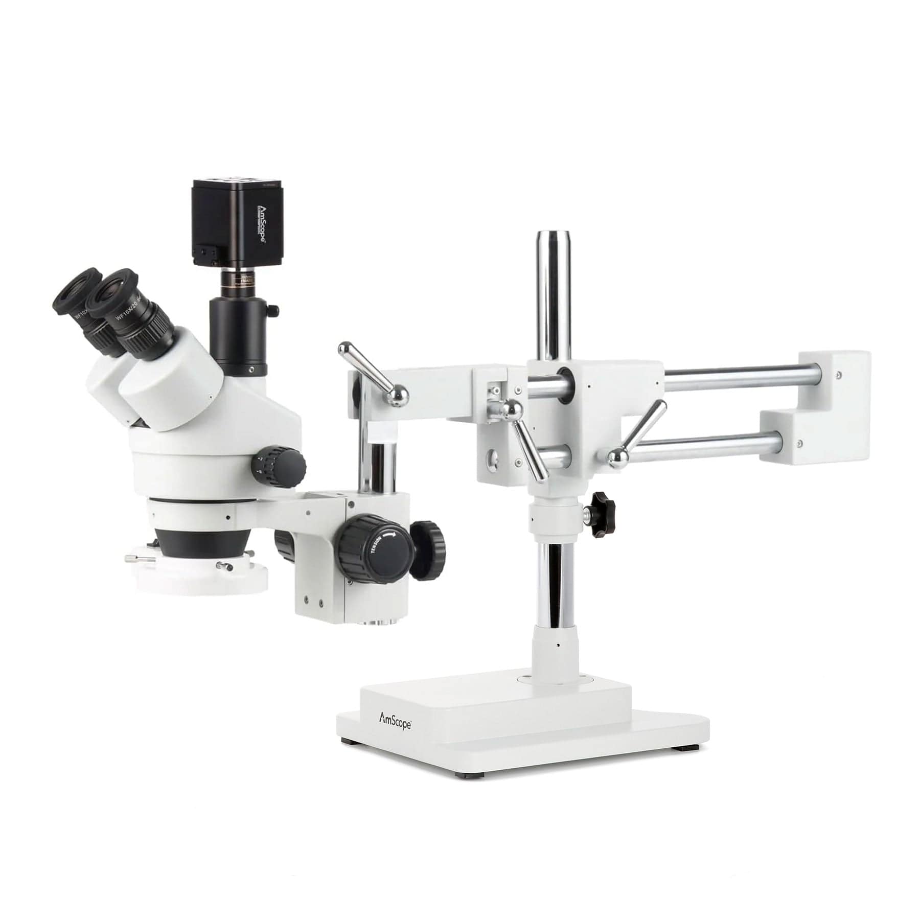 AmScope Zoom Trinocular Stereo Microscope 7X-45X Magnification Range, SM-4 Series on Double Arm Boom Stand + 8W Fluorescent Ring Light + Optional 4K Camera