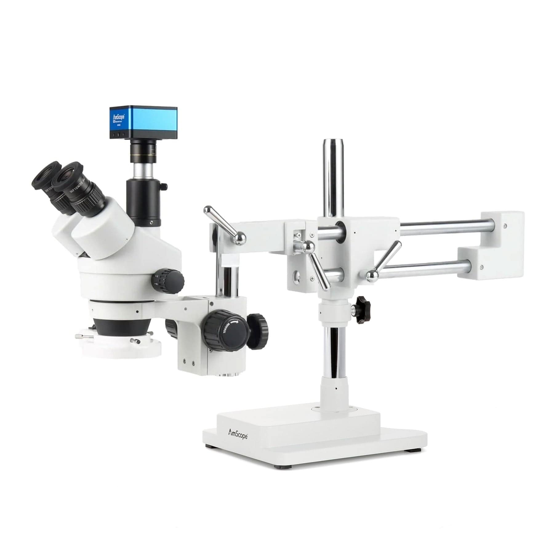 AmScope Zoom Trinocular Stereo Microscope 7X-45X Magnification Range, SM-4 Series on Double Arm Boom Stand + 8W Fluorescent Ring Light + Optional 4K Camera
