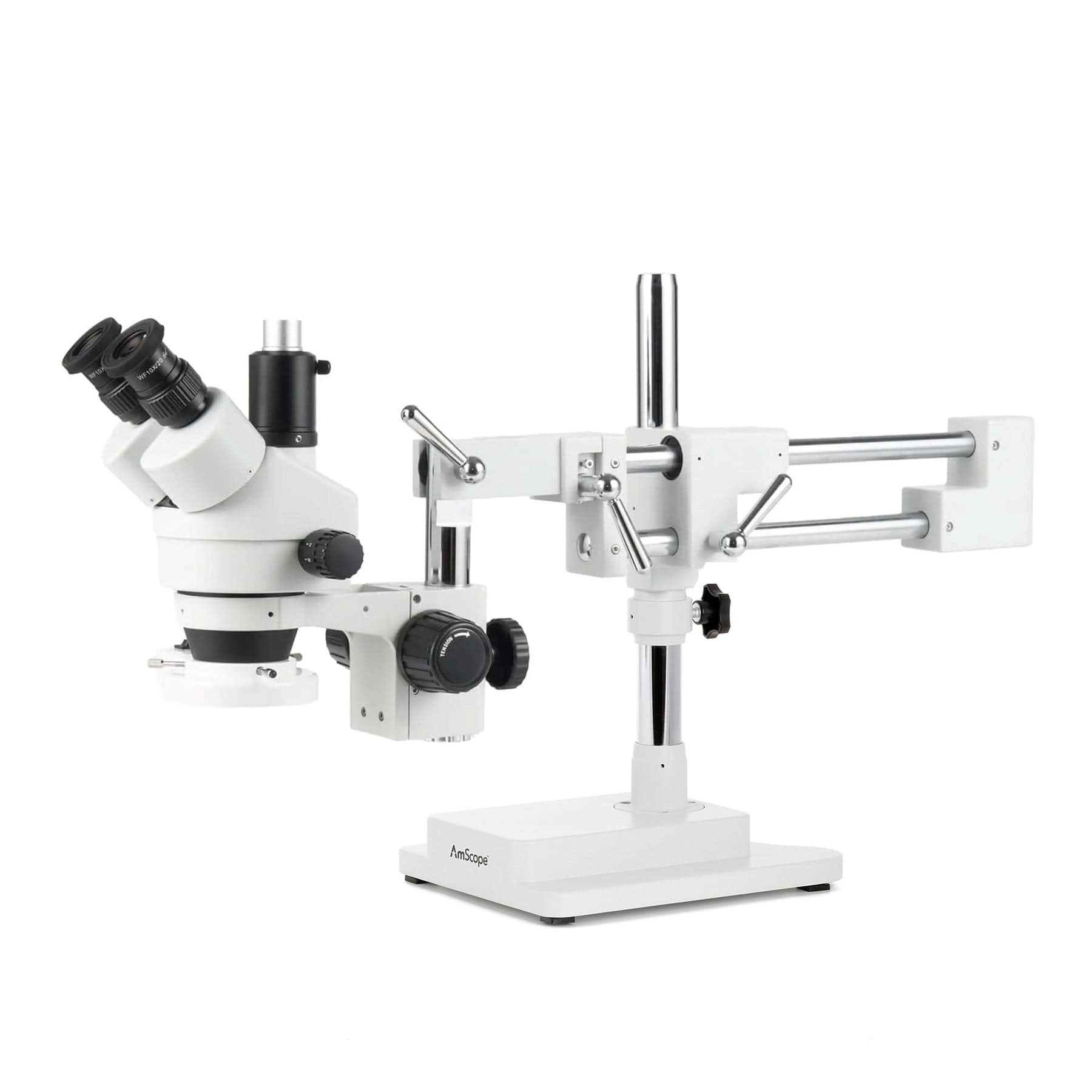 AmScope Zoom Trinocular Stereo Microscope 7X-45X Magnification Range, SM-4 Series on Double Arm Boom Stand + 8W Fluorescent Ring Light + Optional 4K Camera