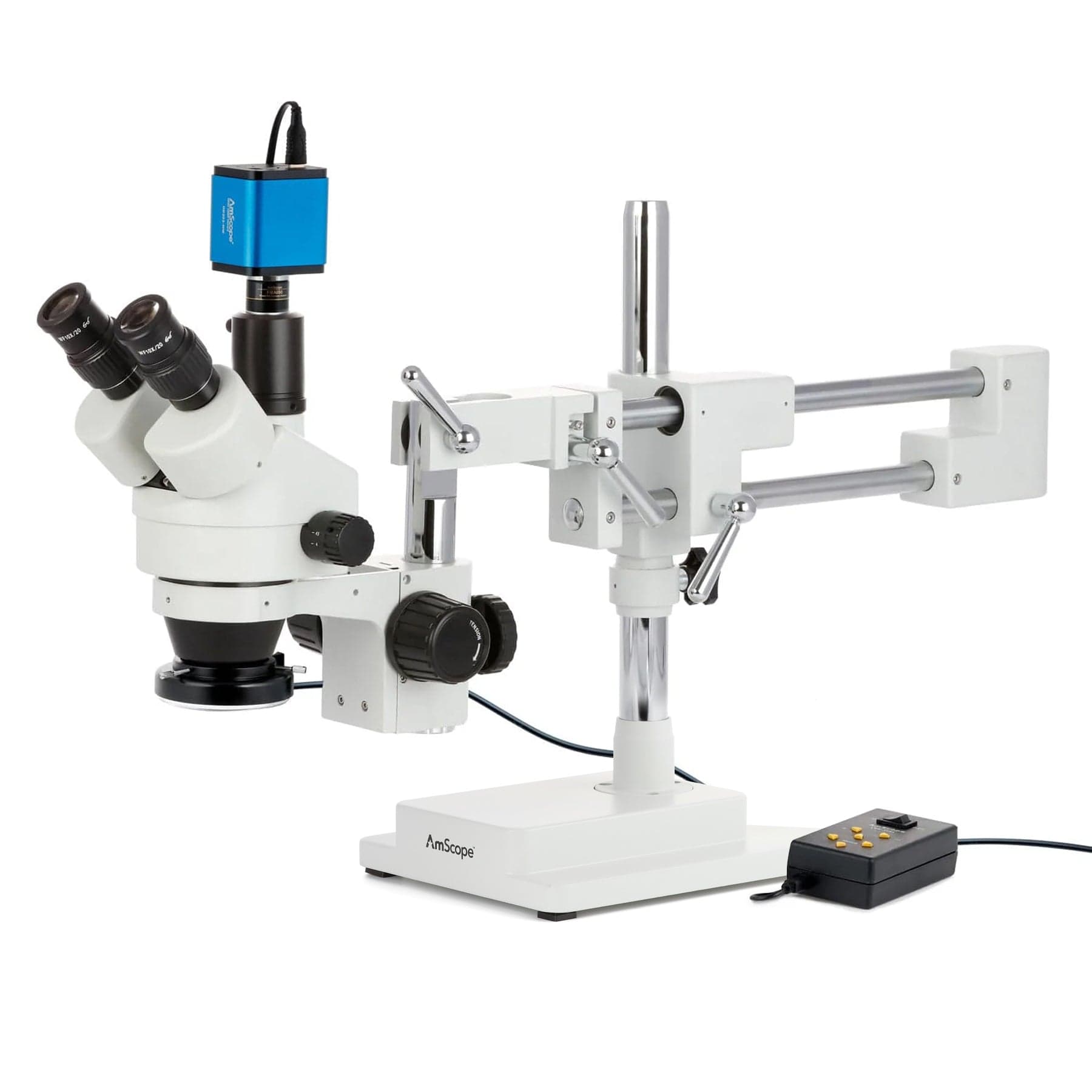 AmScope SM-4 Series Simul-Focal Zoom Trinocular Stereo Microscope with Multi-Zone 144 LED and HDMI Camera on Double Arm Boom Stand