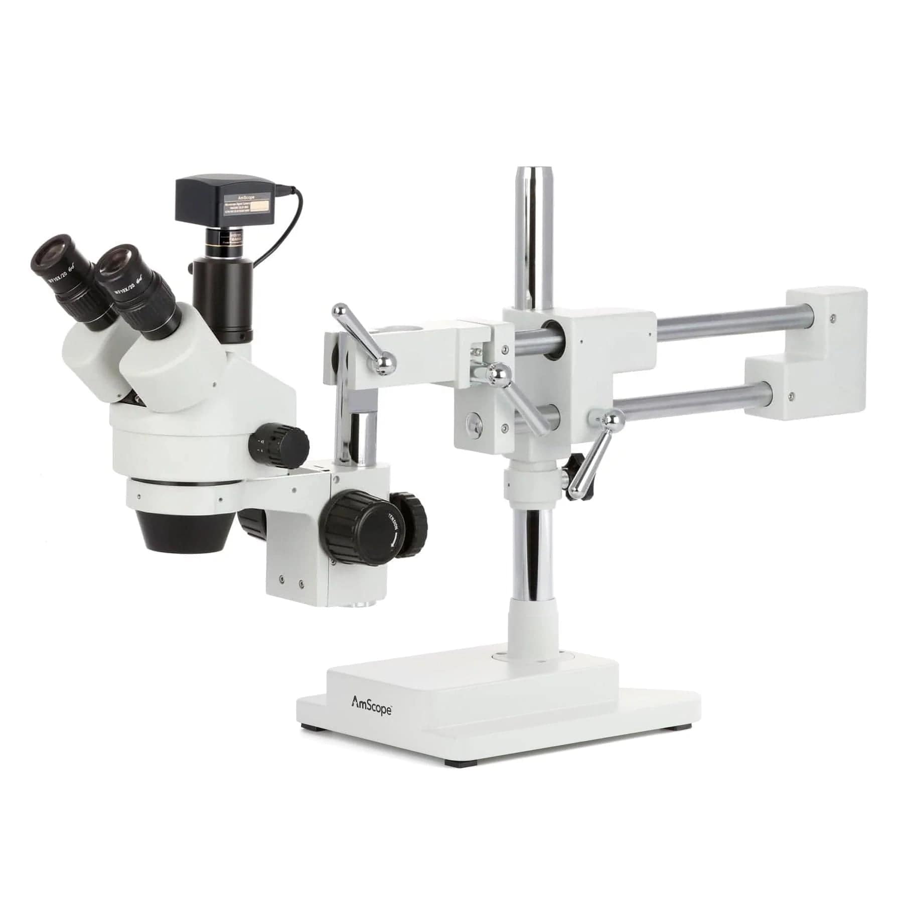 AmScope SM-4 Series Simul-Focal Zoom Trinocular Stereo Microscope with Optional Digital Camera on Double Arm Boom Stand