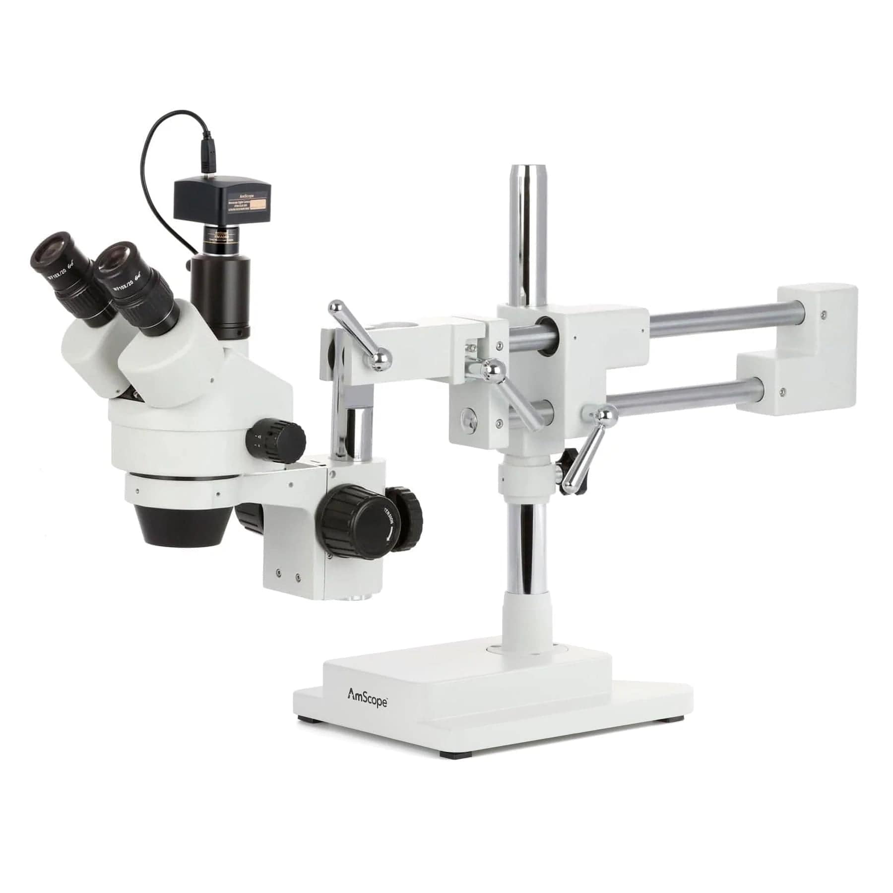 AmScope SM-4 Series Simul-Focal Zoom Trinocular Stereo Microscope with Optional Digital Camera on Double Arm Boom Stand