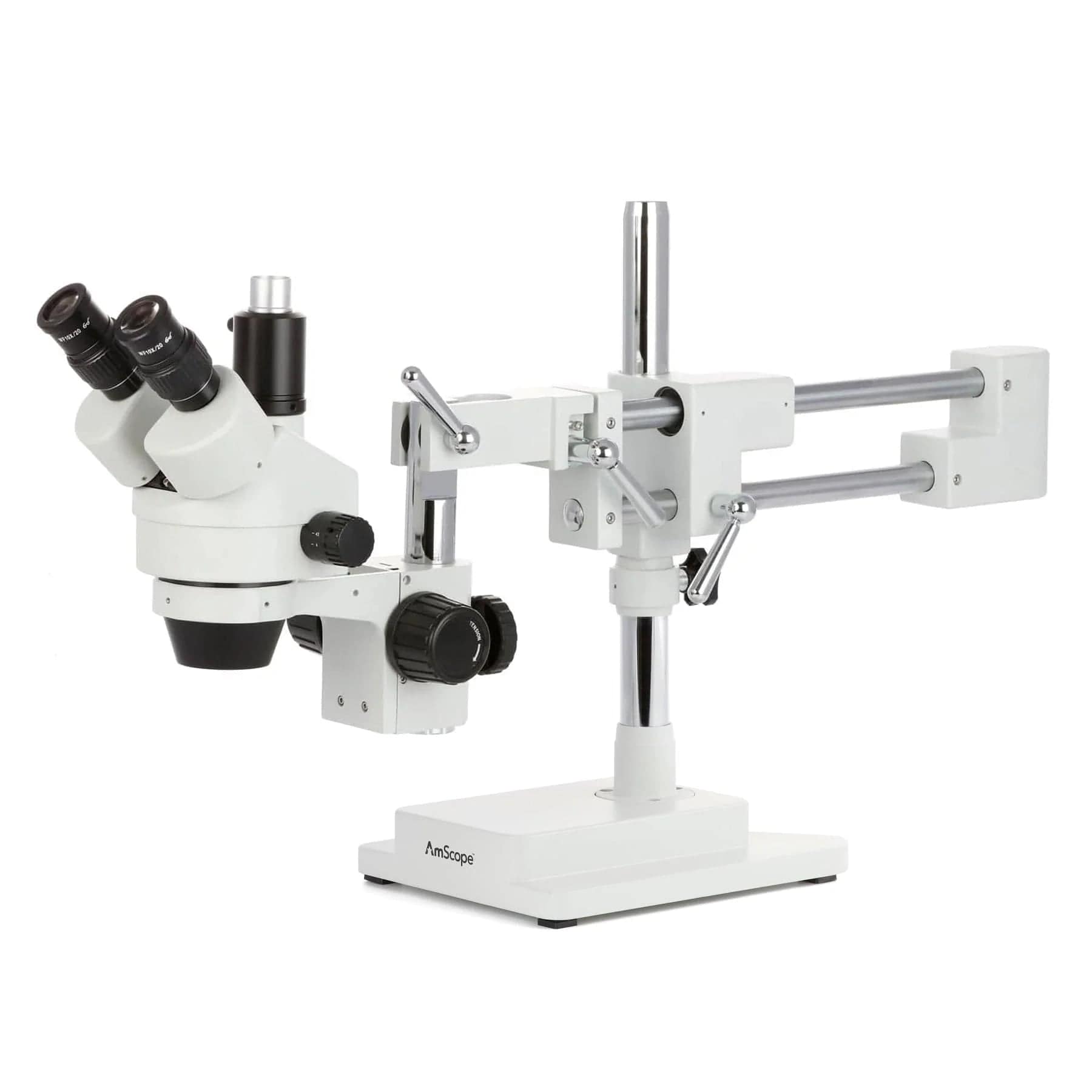 AmScope SM-4 Series Simul-Focal Zoom Trinocular Stereo Microscope with Optional Digital Camera on Double Arm Boom Stand